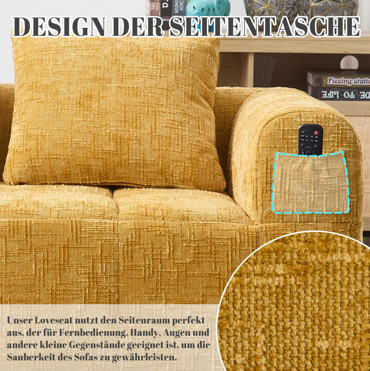 2-SITZER 158/90/60 cm Gelb aus Chenille mit Seitentaschen - Gelb, Textil (90/60/158cm) - OKMYHOME