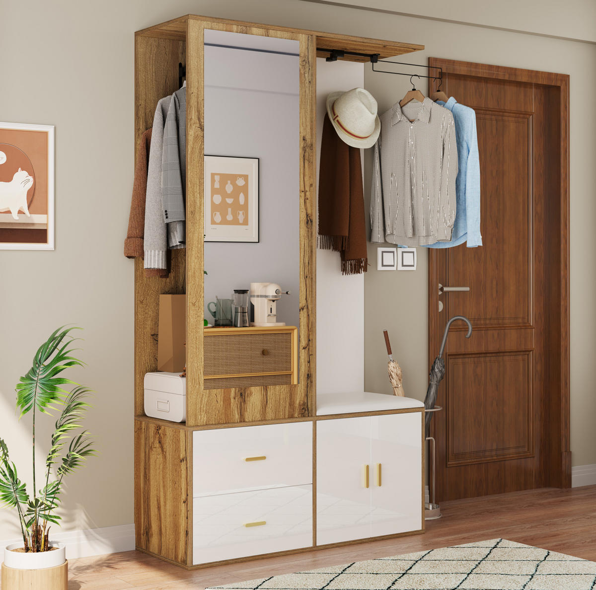 GARDEROBENSET mit Spiegel 100 x 38 x 180 cm Weiß + Natural 2-tlg. - Weiß, Holzwerkstoff (38/180/100cm) - Beauniv