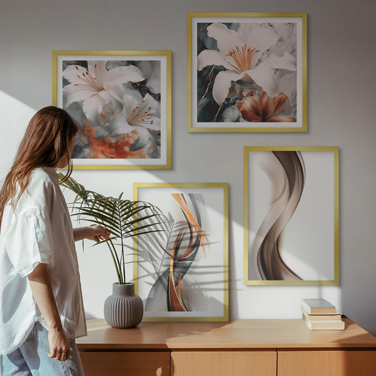 BILDER SET 4er Set - 50x50 cm & 40x60 cm Goldrahmen - Gelbgrau-braune Wellen - Goldfarben, Kunststoff (50/50cm) - TULUP