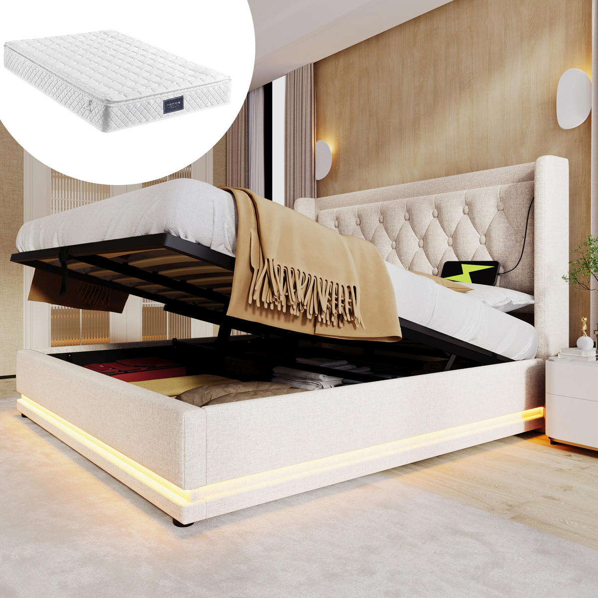 POLSTERBETT mit Stauraum, USB & LED 140x200 cm Beige Baumwolle mit Matratze - Beige, Metall (140/200cm) - Meubliv