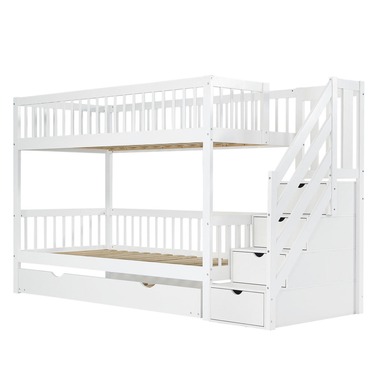 POSCHODOVÁ posteľ 90/200 cm biela z borovice a MDF s výsuvným lôžkom a schodiskovou skrinkou - biela, drevo (90/200cm) - OKWISH