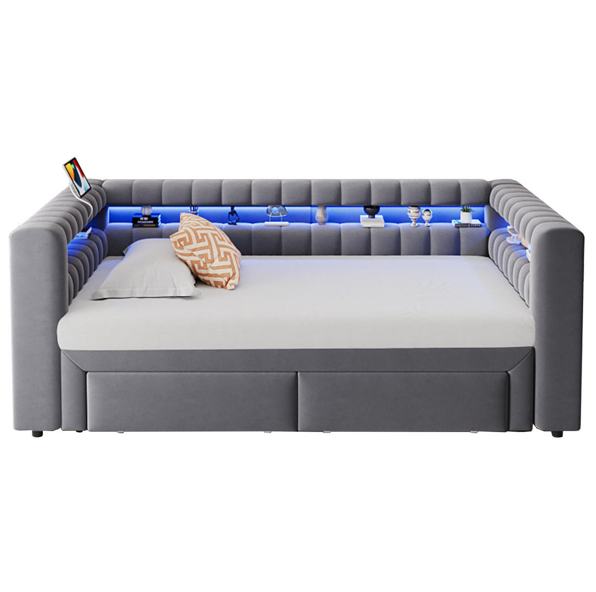 ROZKLÁDACÍ postel 90/190 cm sametová s LED osvětlením, USB-C a úložnými prostory, Šedá - šedá, textil (90/190cm) - Redom