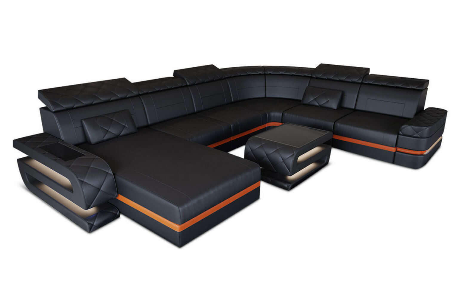 WOHNLANDSCHAFT Bologna Schwarz Orange Echtleder - Schwarz, Leder (397/89/299cm)