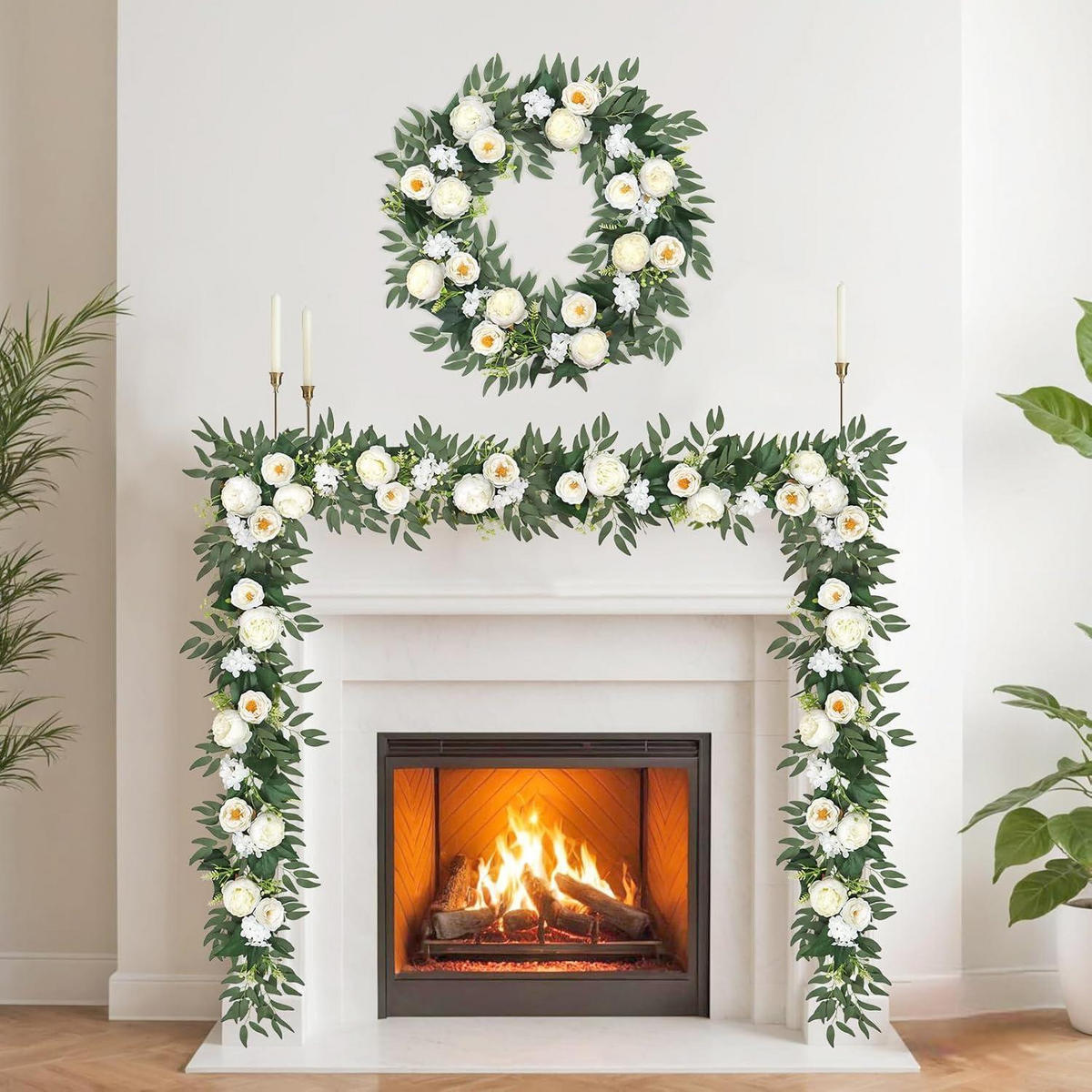 KÜNSTLICHE Blumen Girlande Eukalyptus Pfingstrose 200 cm 2 Stück Set Weiß - Weiß, Kunststoff (10cm)