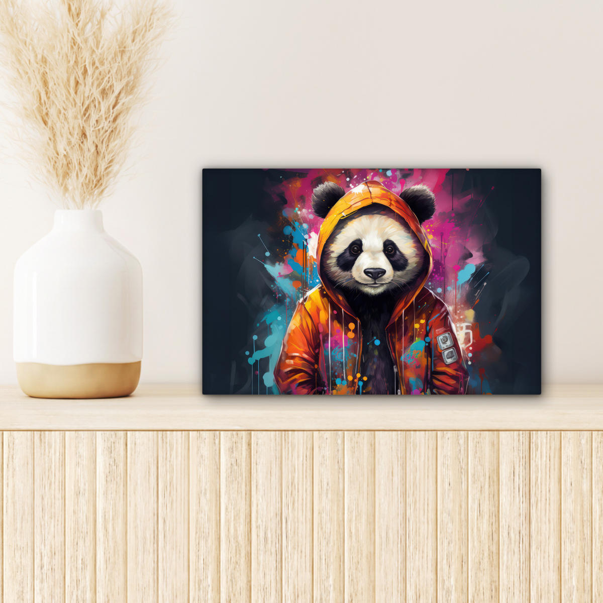 LEINWANDBILD Panda - Jacke - Graffiti - Orange 30x20 cm - Orange, Textil (30/20cm) - MuchoWow