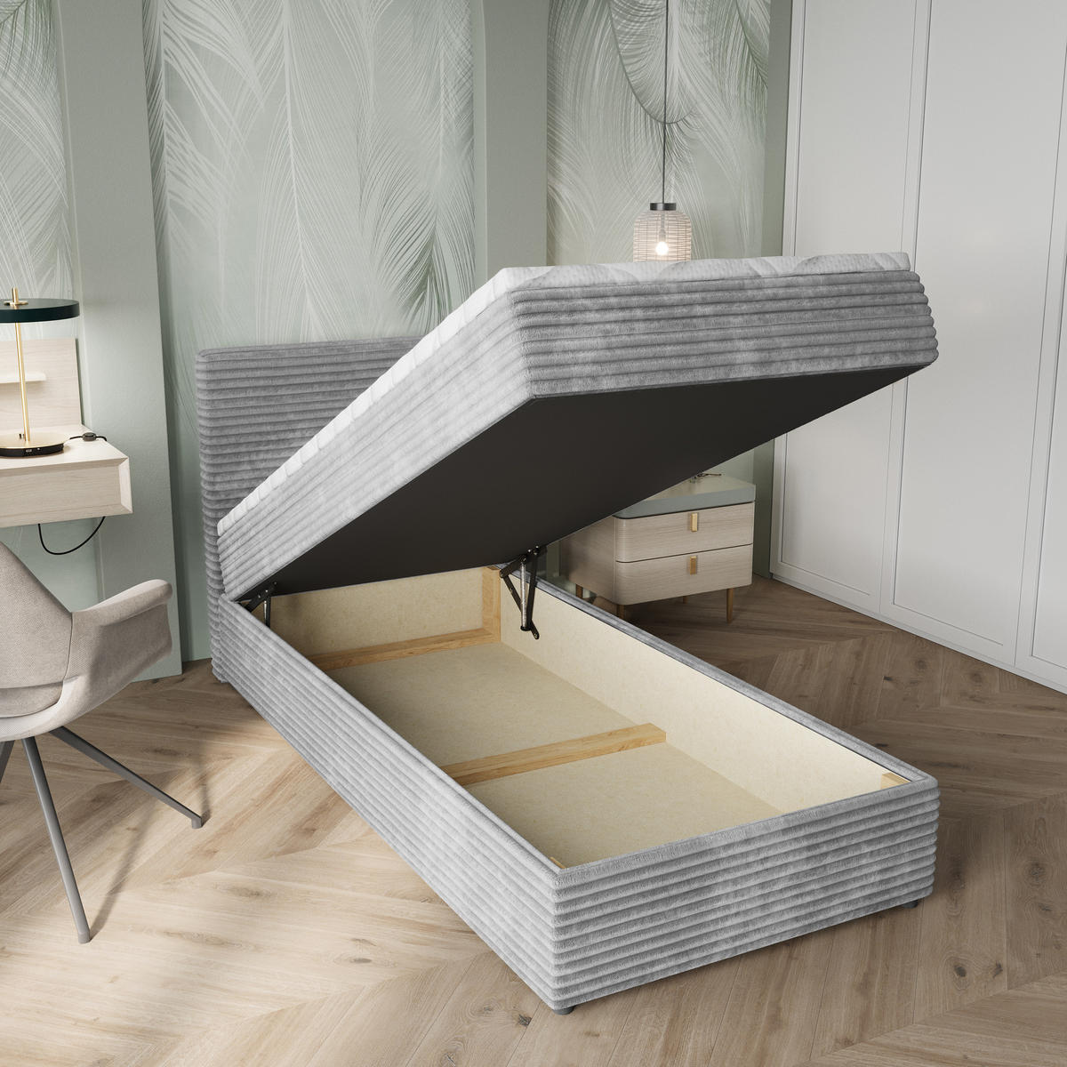 BOXBETT PISA 90 90x200 cm mit Matratze und Topper, H2+H3 - Hellgrau - Hellgrau, Holz (90/200cm) - MASSENO