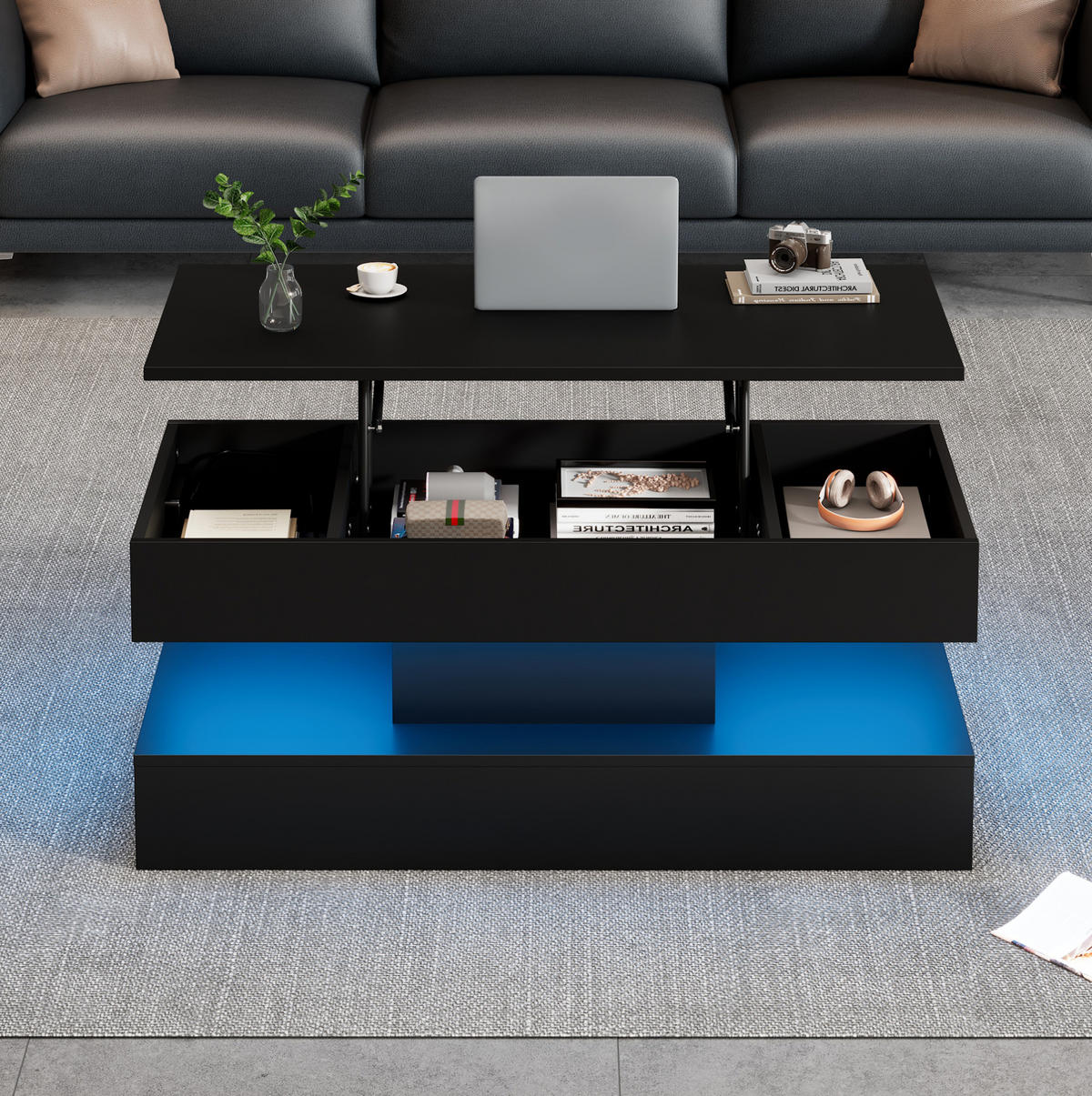 COUCHTISCH höhenverstellbar, Spanplatte schwarz, mit LED-App-Steuerung & Stauraum, 100/50/42 cm,schwarz - Schwarz, Holzwerkstoff (50/100/42cm) - Redom