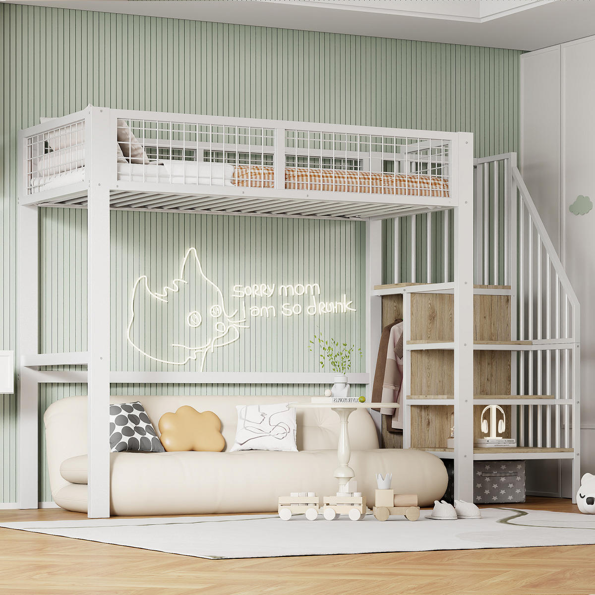 HOCHBETT 90/200 cm Weiß mit Sicherheitsleiter und Kleiderschrank - Weiß, Metall (90/200cm) - OKWISH