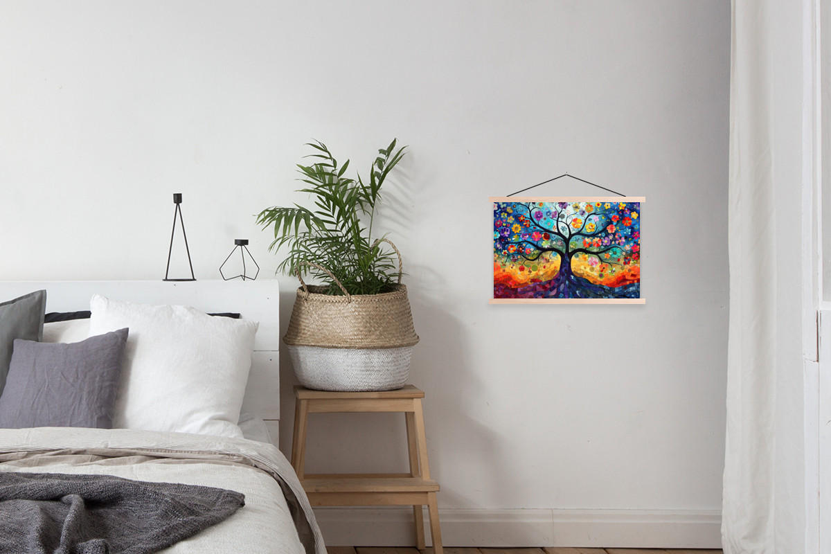 POSTER Kunst - Baum des Lebens - Blumen - Hippie 60x40 cm - Dunkelblau, Textil (60/40/0.15cm) - MuchoWow