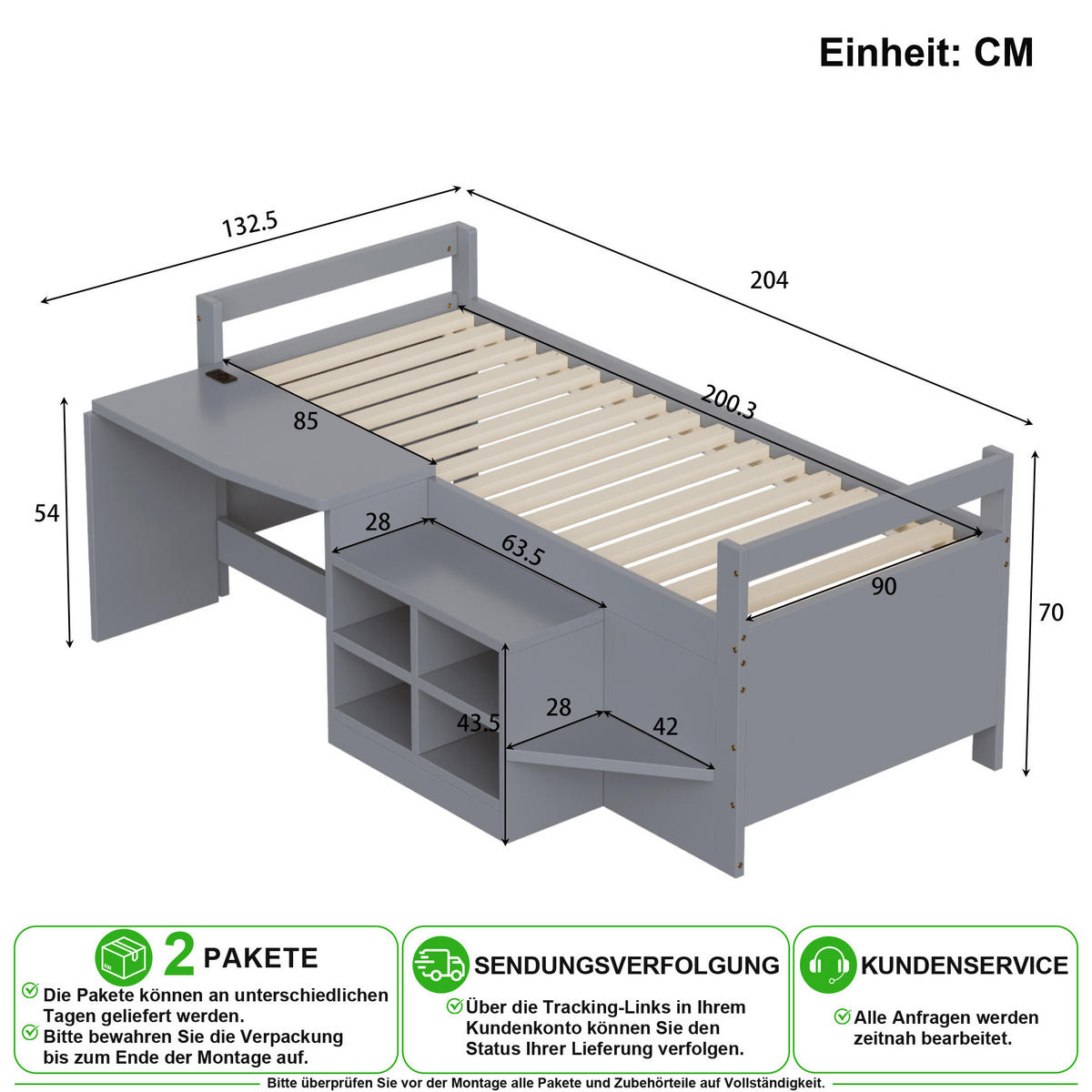KINDERBETT 90/200 cm in Grau mit Schreibtisch, Stauraum und USB - Grau, Holz/Holzwerkstoff (90/200cm) - CHICFURN