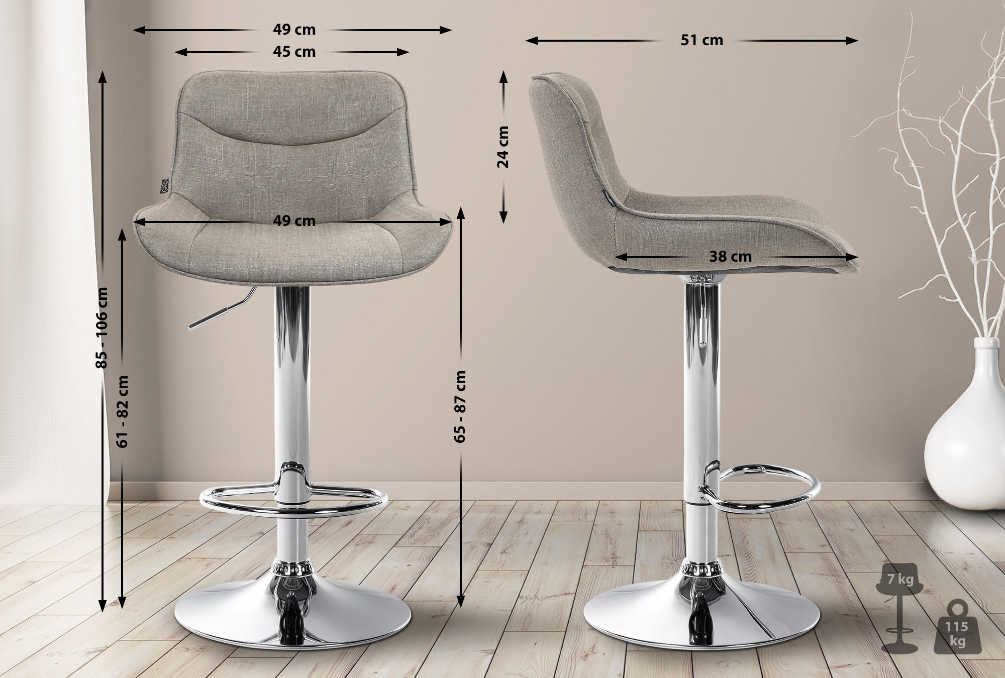 BARHOCKER 2er-Set TAMPA Taupe Stoff Chrom - Taupe, Textil/Metall (49/85/51cm) - DELUKE