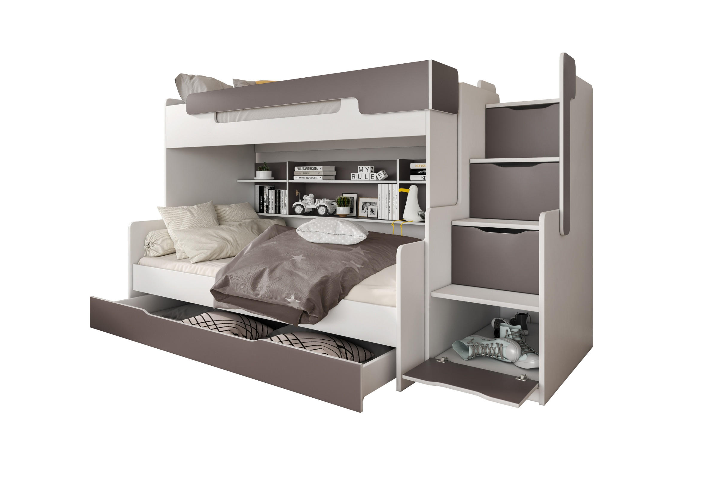 ETAGENBETT HARRY 90/200 + 120/200 in Weiß + Grau - Weiß/Grau, Holzwerkstoff - Deine Möbel 24