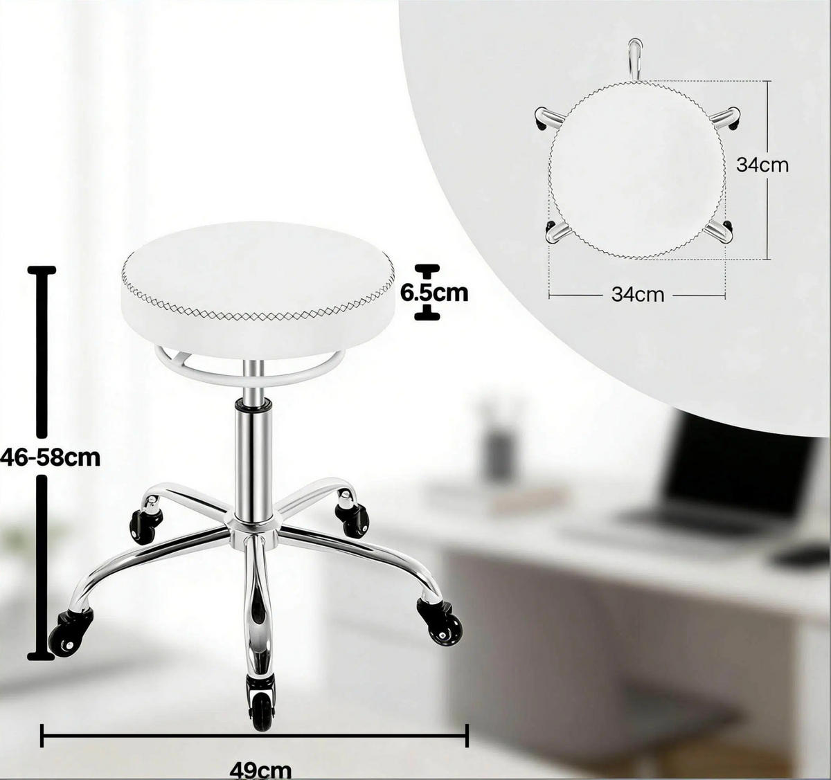 BÜROHOCKER höhenverstellbar mit Rollen 46-58 cm PU White - Weiß, Metall (49/58/49cm) - Meubliv