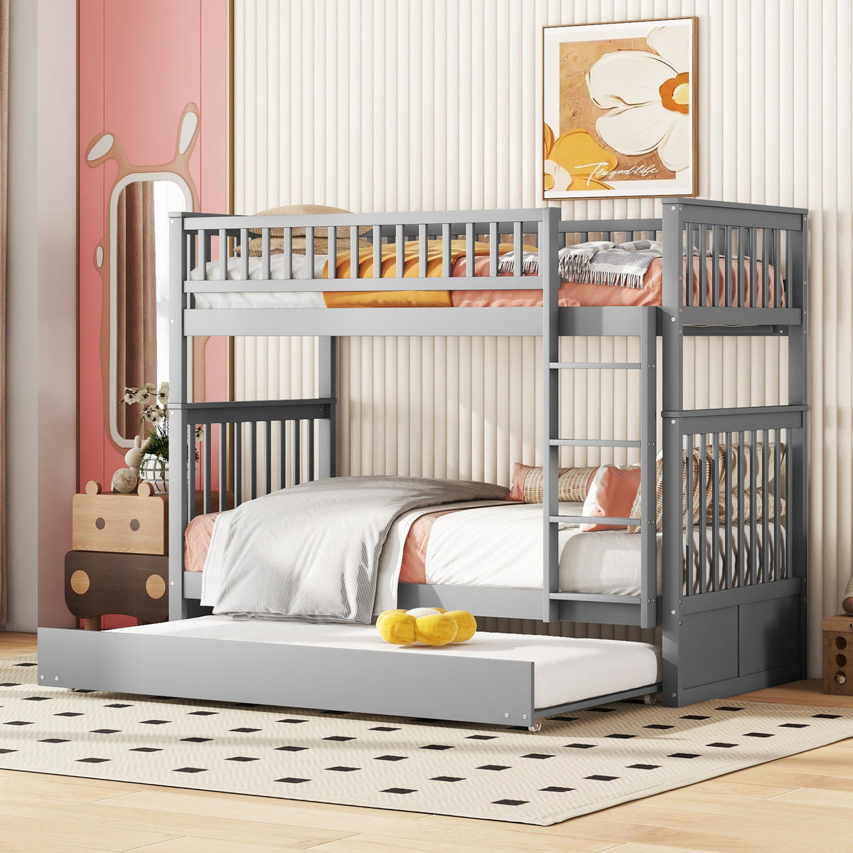 ETAGENBETT 90/200 cm in Grau mit Ausziehbett und Treppe - Grau, Holz (90/200cm) - BEAOK