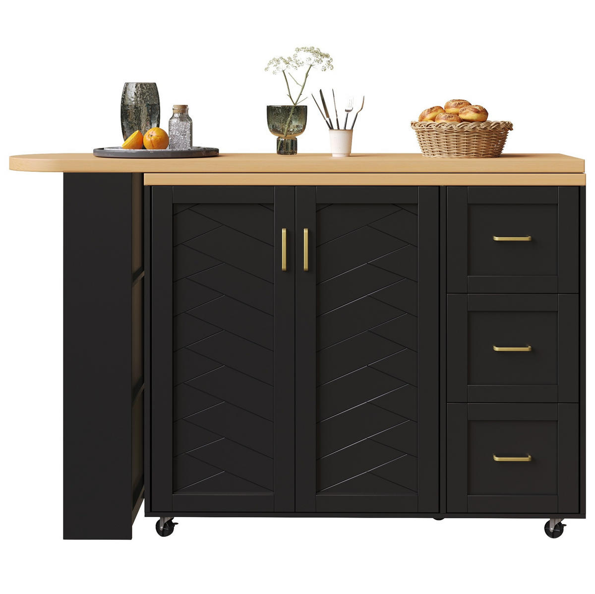 KÜCHENINSEL aus MDF und Metall 135-228x39x104 cm Schwarz mit Holzoptik, ausziehbar, rollbar und mit viel Stauraum - Schwarz, Holzwerkstoff (39/104/135cm) - Modfu