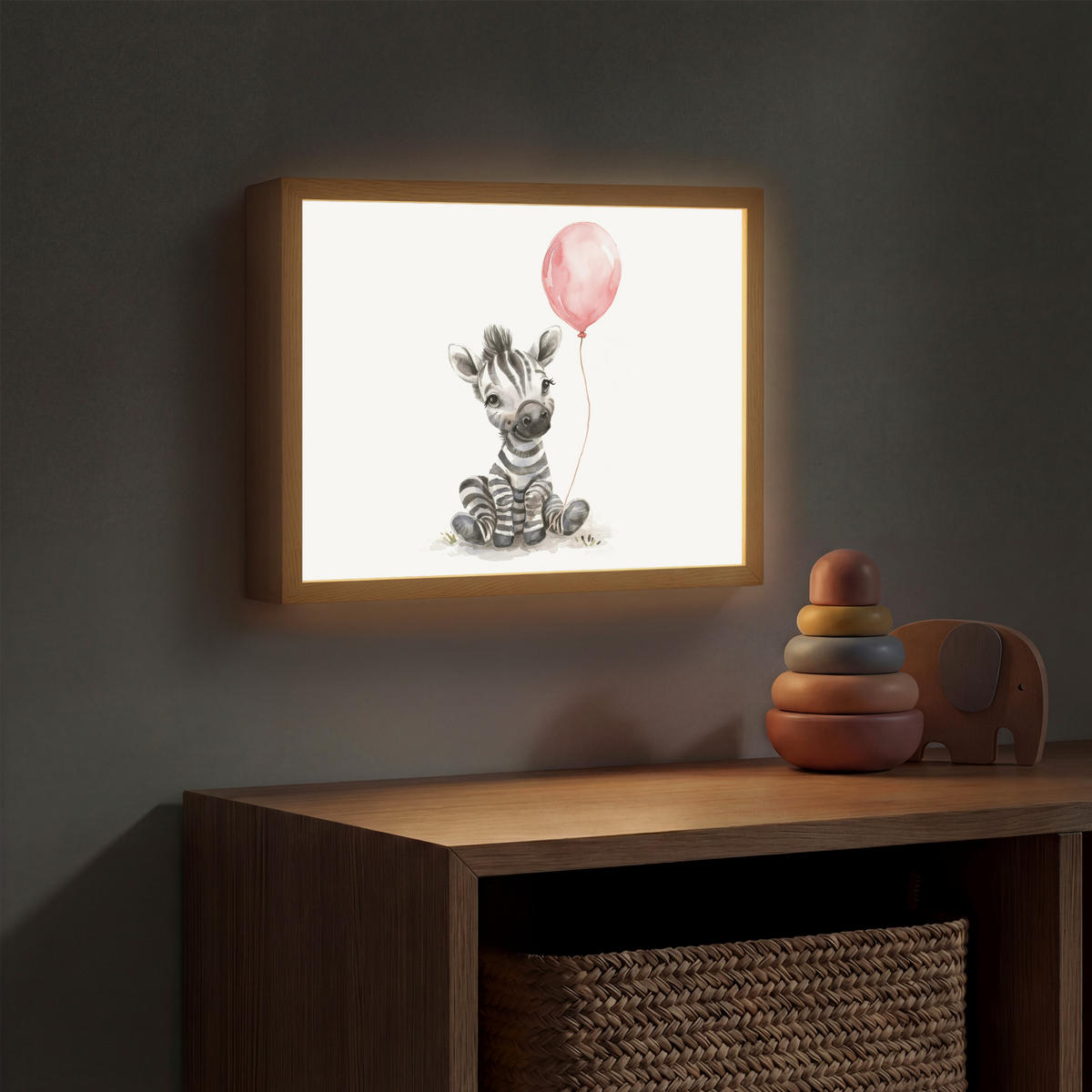NACHTTISCHLAMPE MIT AKKU Zebra - Baby - Tiere - Rosa Luftballon 40x30 cm - Weiß, Holzwerkstoff (8/40/30cm) - OnlyWow