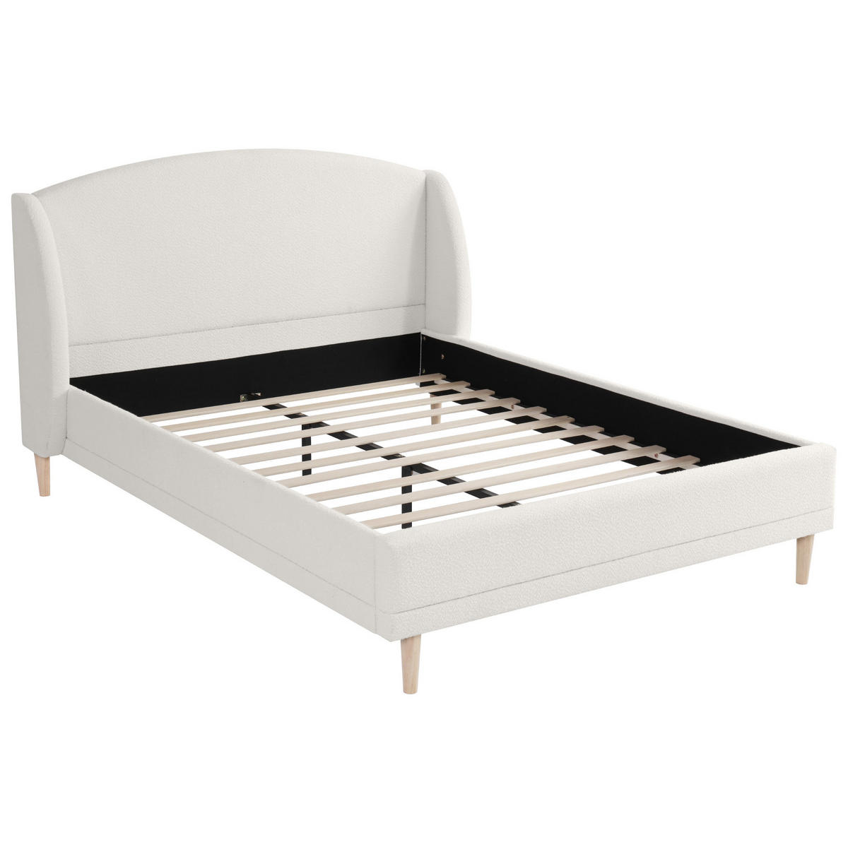 BETT mit Wingback-Kopfteil 140x190 cm Bouclé Weiß - Weiß, Holz (140/190cm) - Meubliv