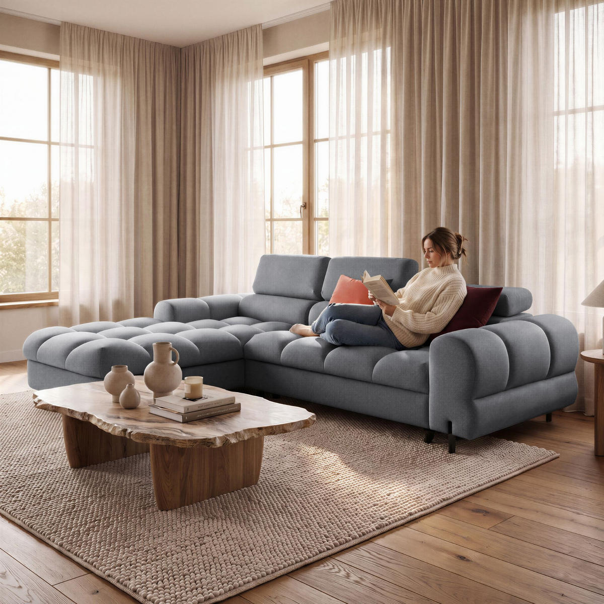 ECKSOFA UFFO L Links mit Schlaffunktion 260x195 Velours Grau - Schwarz/Grau, Holz/Textil (260/195cm) - Muffo