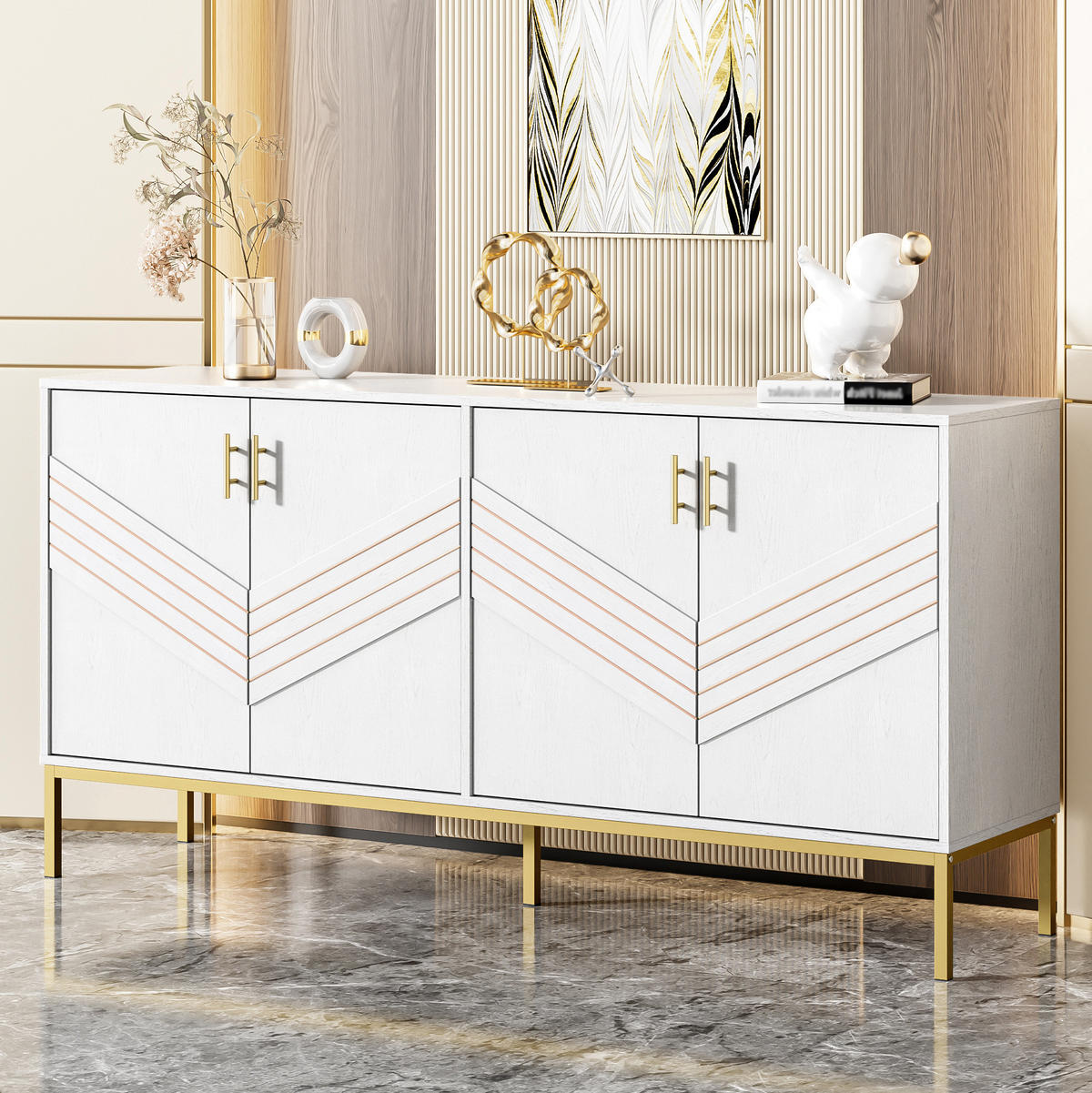 SIDEBOARD aus MDF 160x40x80,5 cm Weiß mit Holzmaserung, 4 Türen und verstellbaren Einlegeböden - Weiß, Holzwerkstoff (160/80.5/40cm) - IVMEU