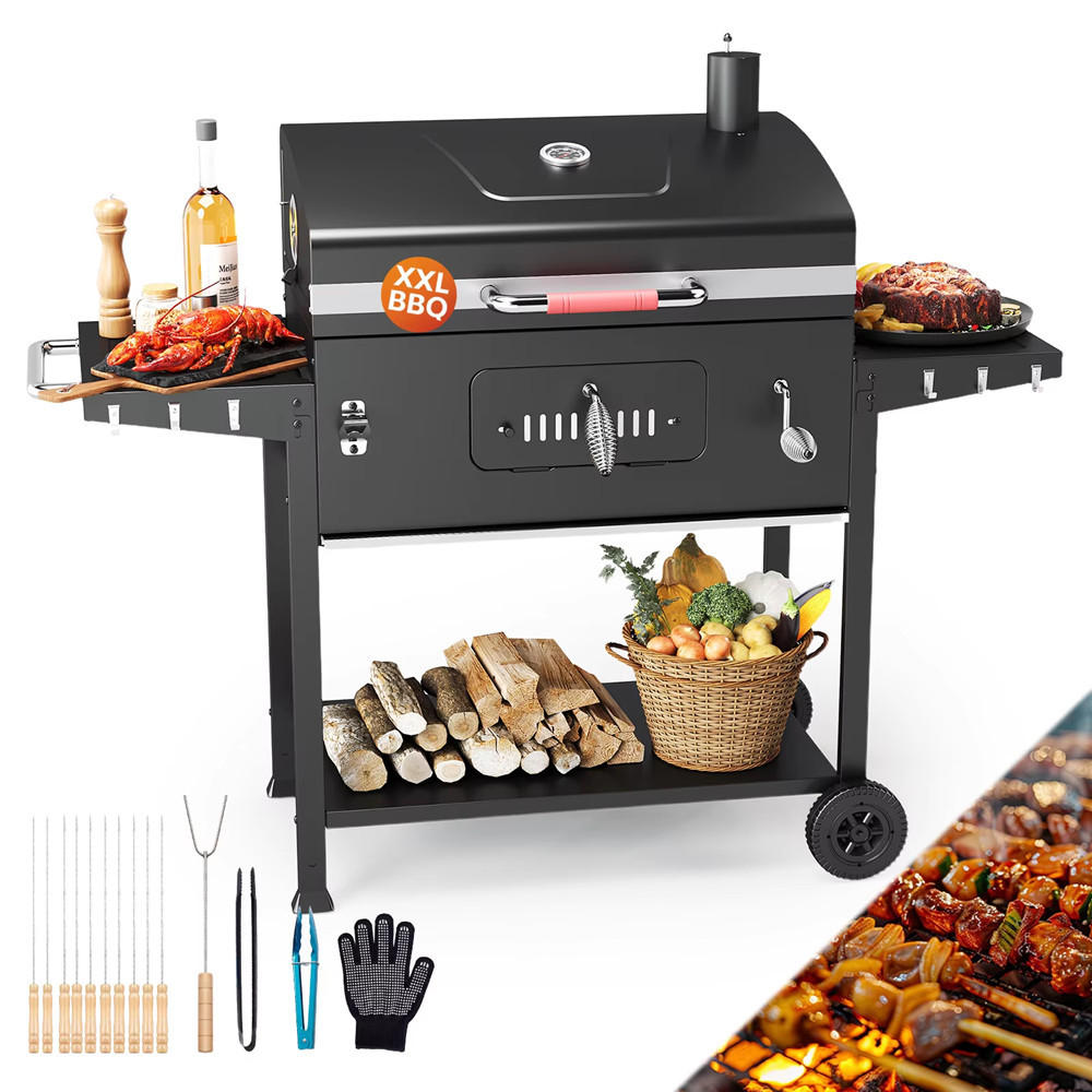 HOLZKOHLEGRILL Gartengrillwagen mit Thermometer - Schwarz, Metall (76/87/45.5cm) - Kaket