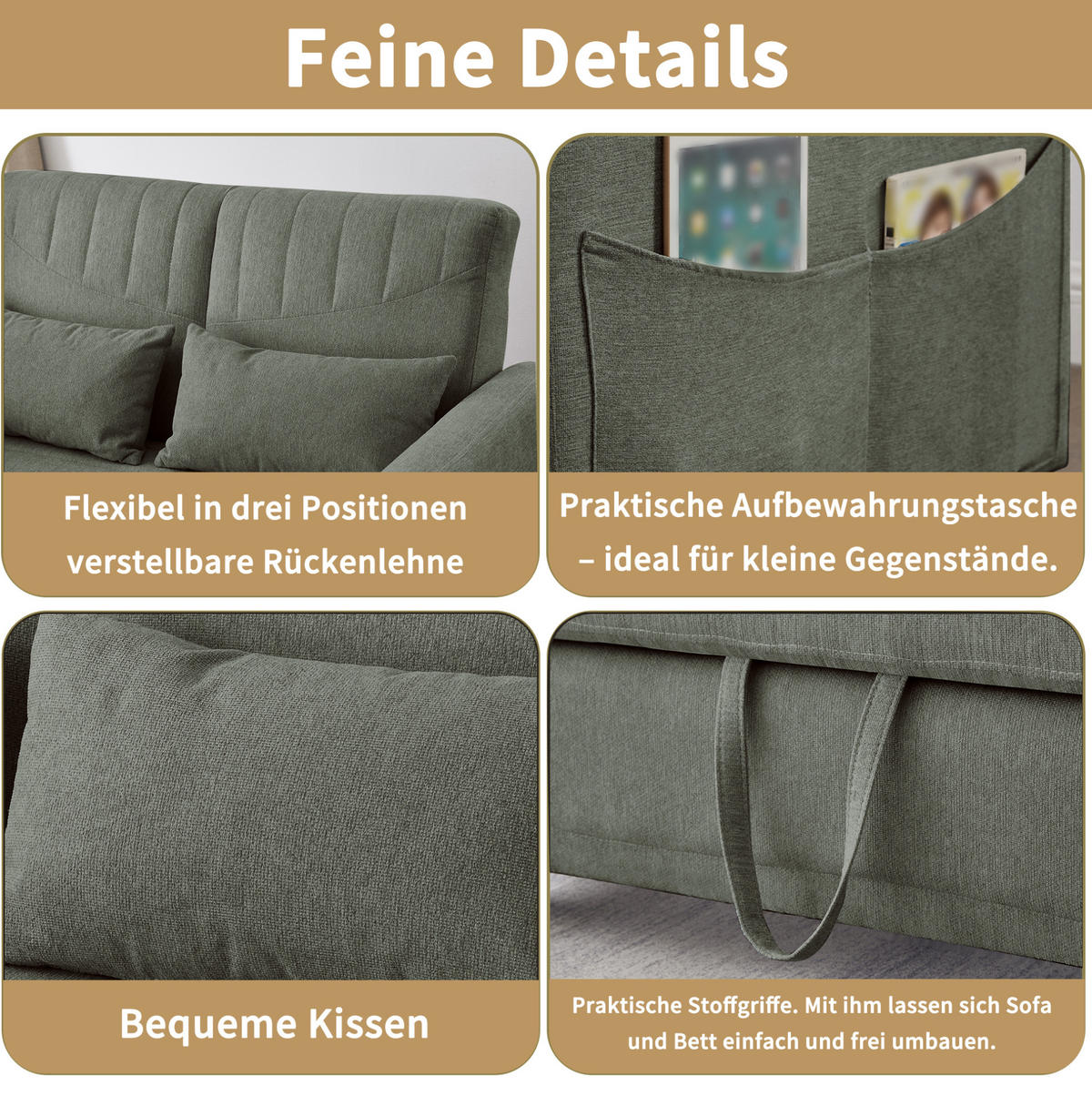 SCHLAFSOFA mit Liegefläche 95/166 cm – 3-fach verstellbar - Olivgrün, Textil (77/82.5/114cm) - BEAOK