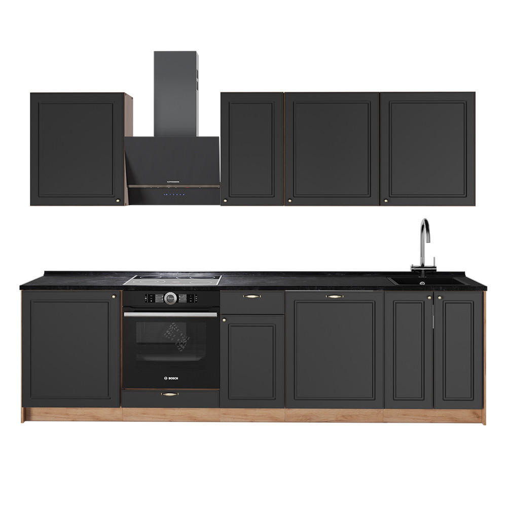 KÜCHENZEILE Fame-Line, Anthrazit-Gold Landhaus/Goldkraft Eiche, 280 cm ohne Arbeitsplatte - Honigeiche/Anthrazit, Holzwerkstoff (280/82/51.6cm) - Vicco