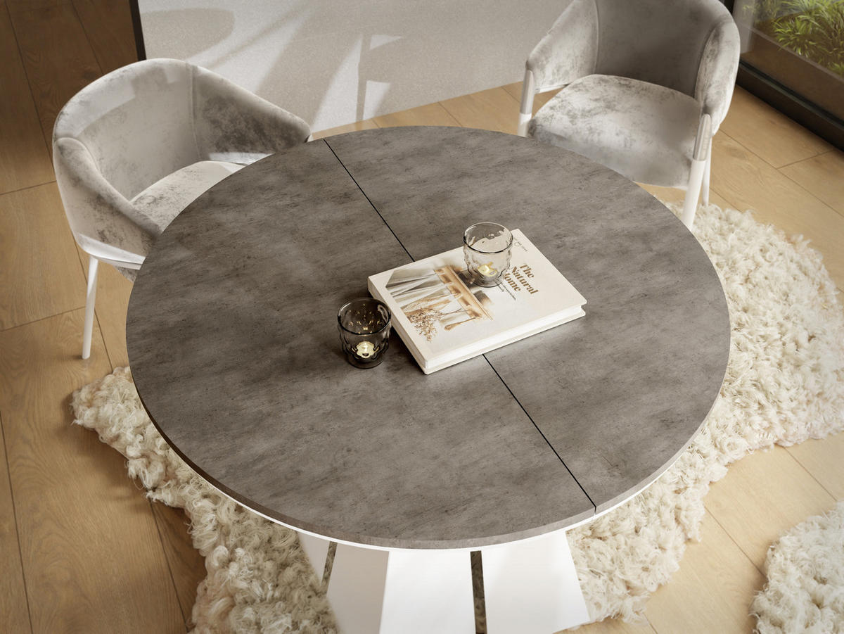 ESSTISCH Kova runder ausziehbarer, Dunkelgrauer Chicago Beton 120-200/120/76 cm - Dunkelgrau/Weiß, Holzwerkstoff/Metall (120/120/76cm) - WFL GROUP