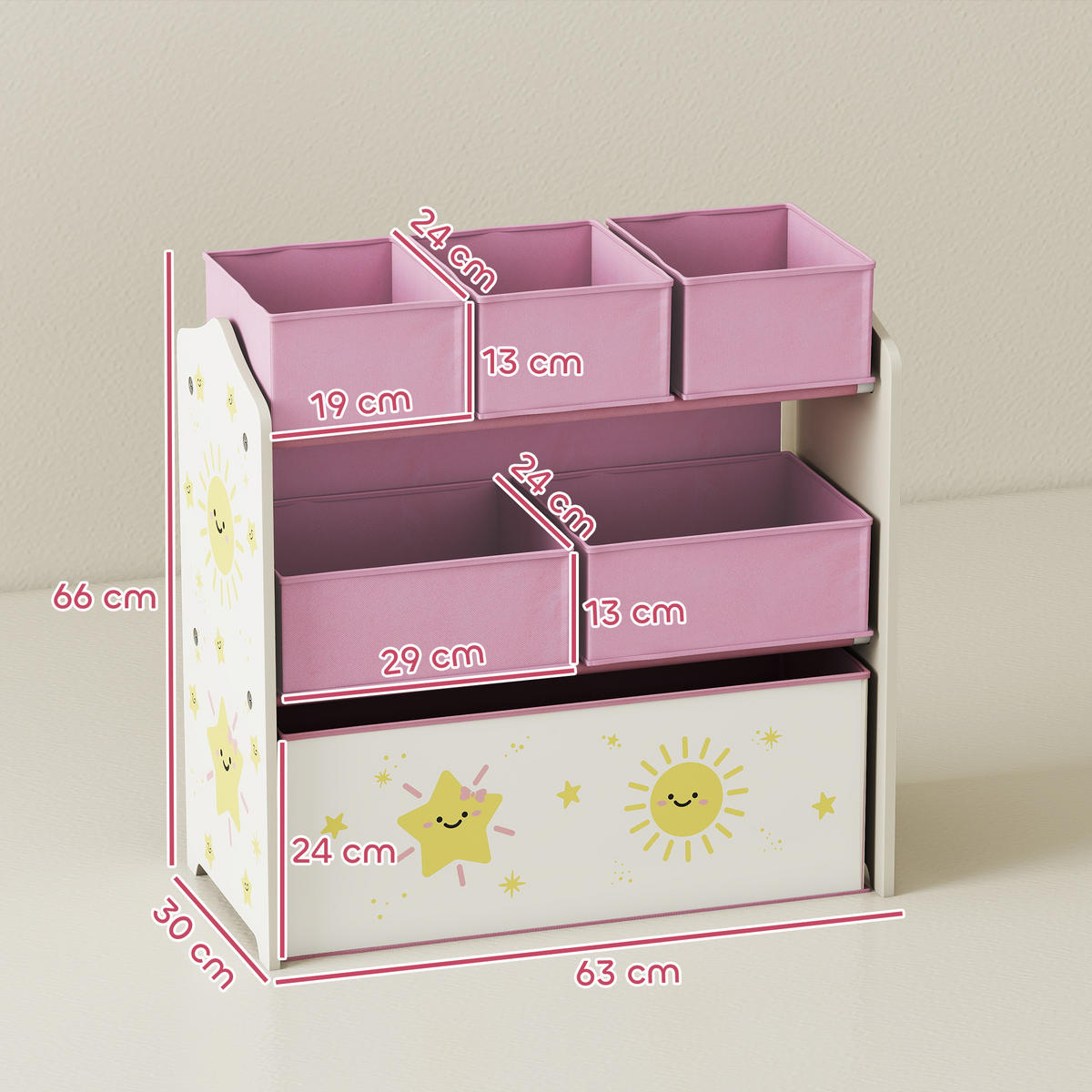 KINDERREGAL DE-17259 3 Ebenen & 6 herausnehmbare Stoffboxen Rosa - Pink, Holzwerkstoff (63/66/30cm) - ComfortXL