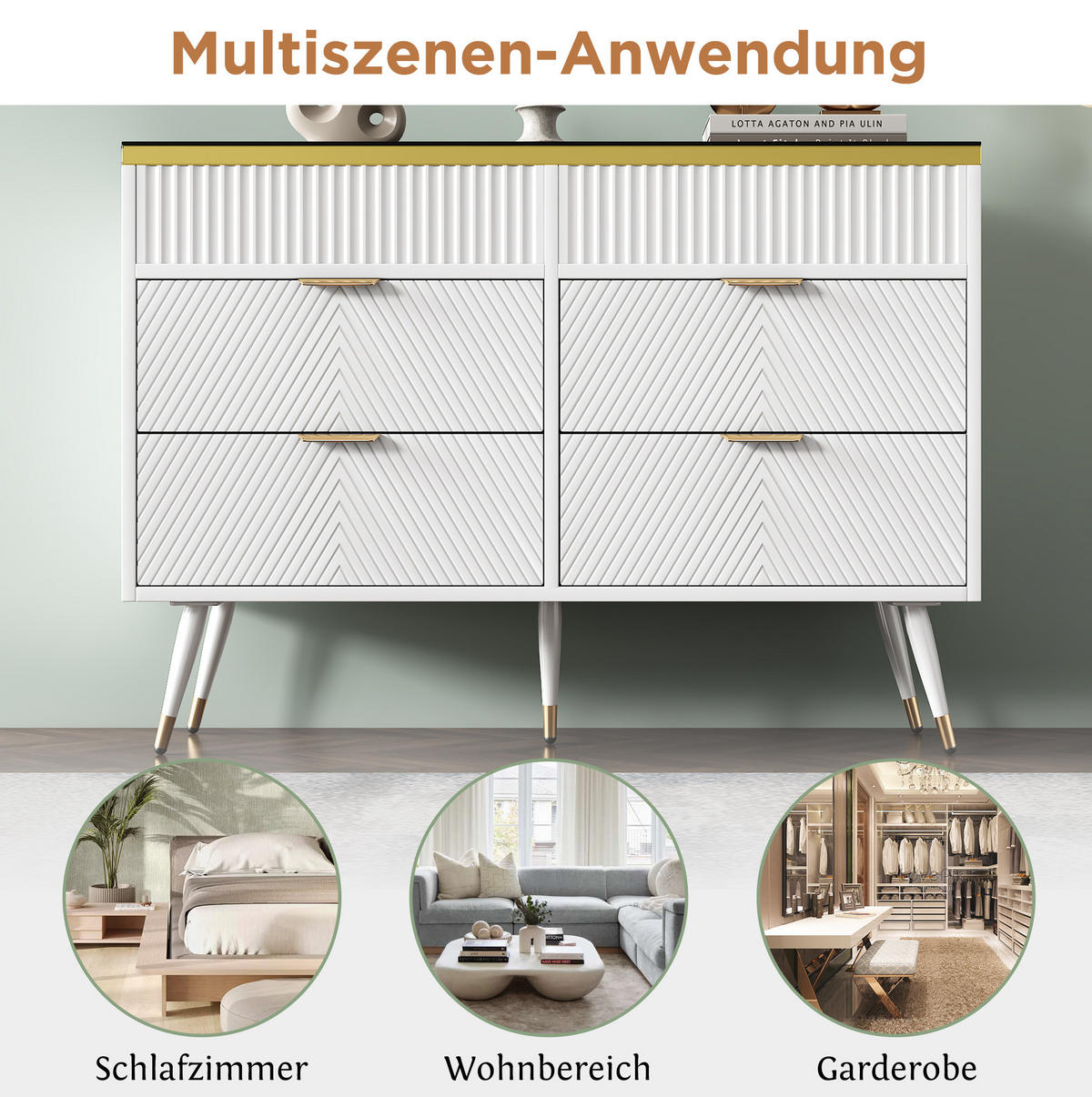 KOMMODE 120/76/40 cm Weiß aus Glas und Spanplatte mit 6 Schubladen - Weiß, Glas (40/76/120cm) - OKMYHOME