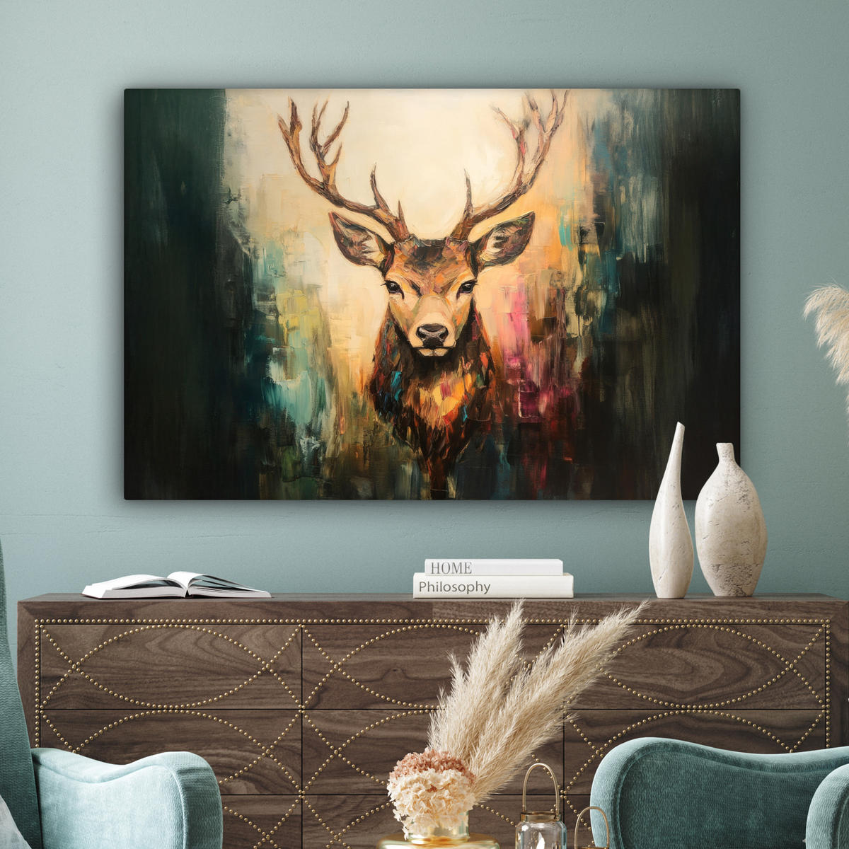 LEINWANDBILD Hirsch - Gemalt - Geweih - Braun Wohnzimmer Groß 120x80 cm - Haselnussfarben, Textil (120/80cm) - MuchoWow