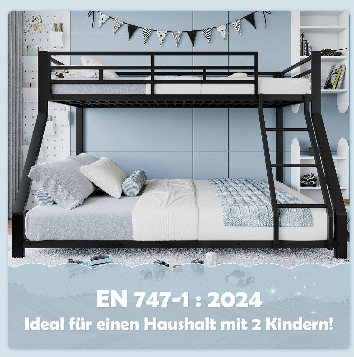 ETAGENBETT 90/200 cm und 140/200 cm mit Treppe, Geländer, Metall, Schwarz ohne Matratze - Schwarz, Metall (140/200cm) - MIVRAY