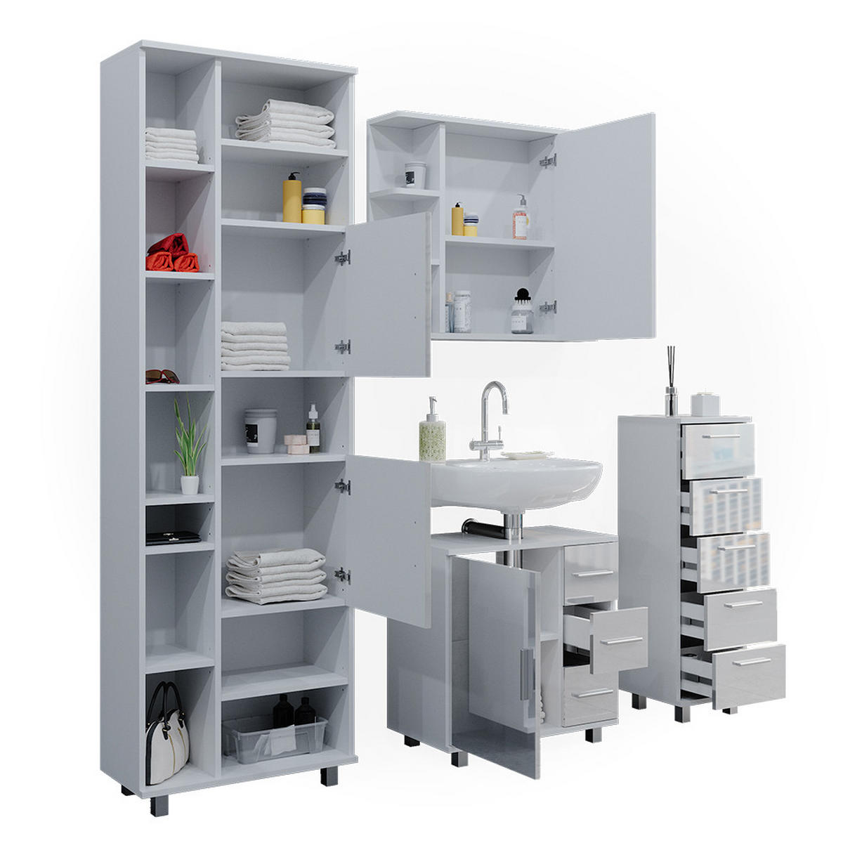 BADMÖBEL-SET Ilias Weiß Hochglanz 4 Teile - Weiß Hochglanz/Weiß, Holzwerkstoff (60/60/33cm) - Vicco