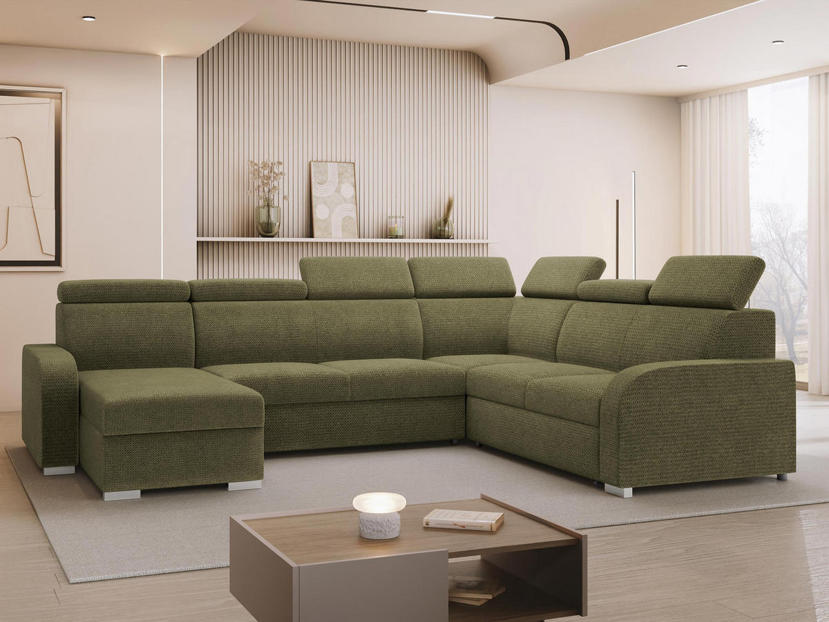 WOHNLANDSCHAFT Oslo 2rR2pLC - Silberfarben/Grün, Holz/Kunststoff (315/85/250cm) - MIRJAN24