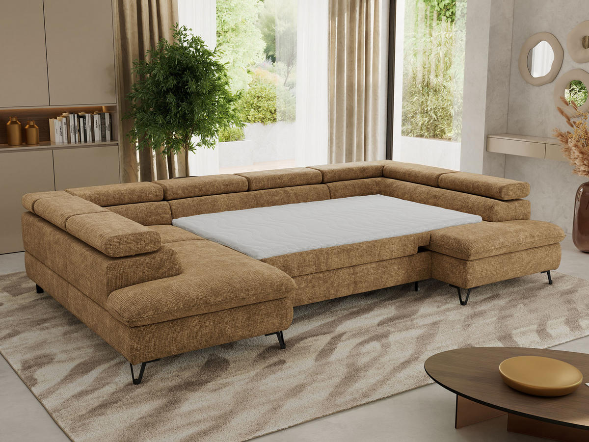 WOHNLANDSCHAFT PABLO U Schenille grob gewebt Hellbraun mit Topper T25 - Hellbraun/Schwarz, Textil/Metall (346/76/208cm) - MKS