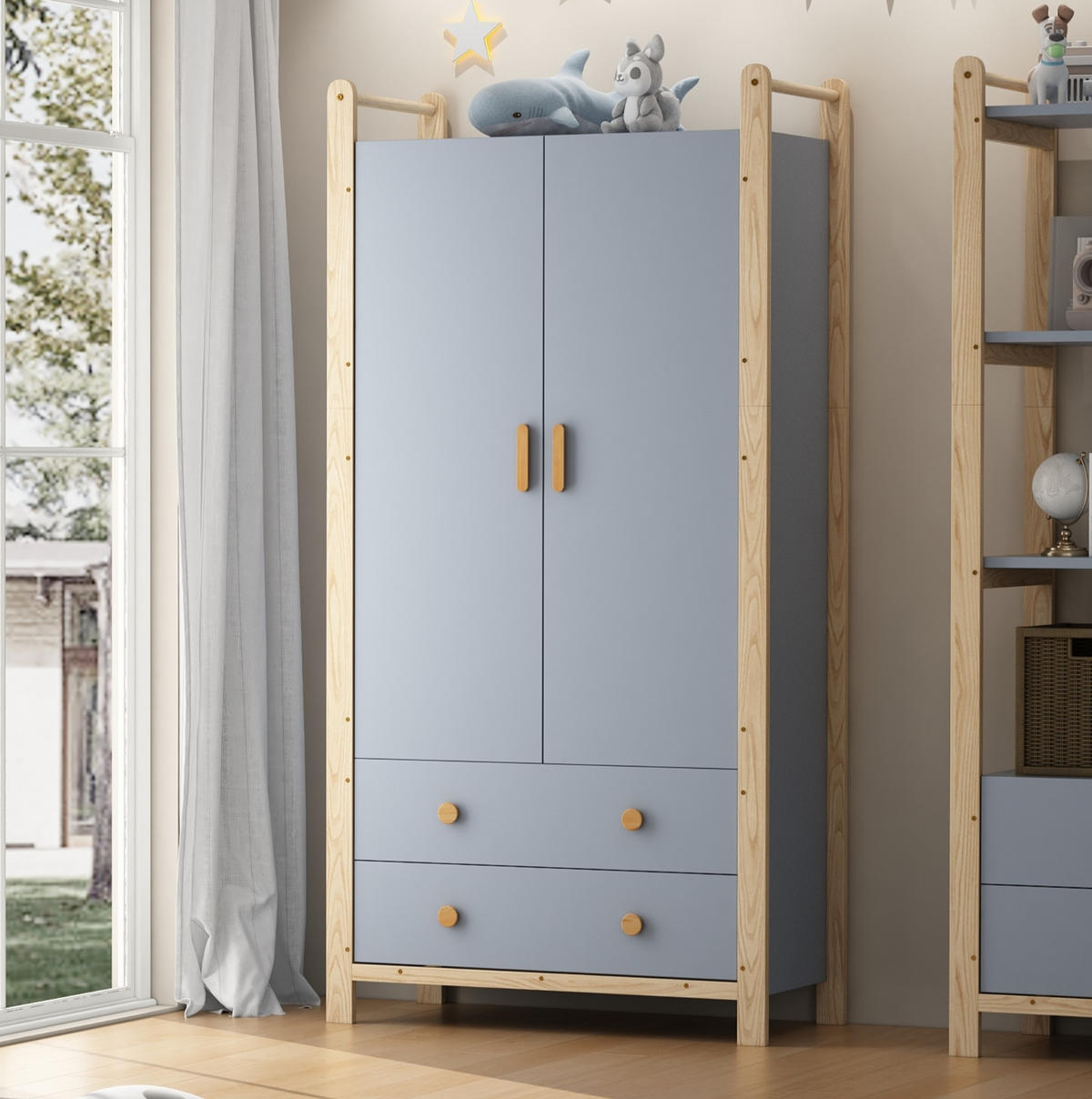 KLEIDERSCHRANK 89,6/180,5/44 cm Blau aus Holzwerkstoff und Massivholz mit 2 Schubladen - Blau, Holzwerkstoff (45/180/90cm) - OKMYHOME