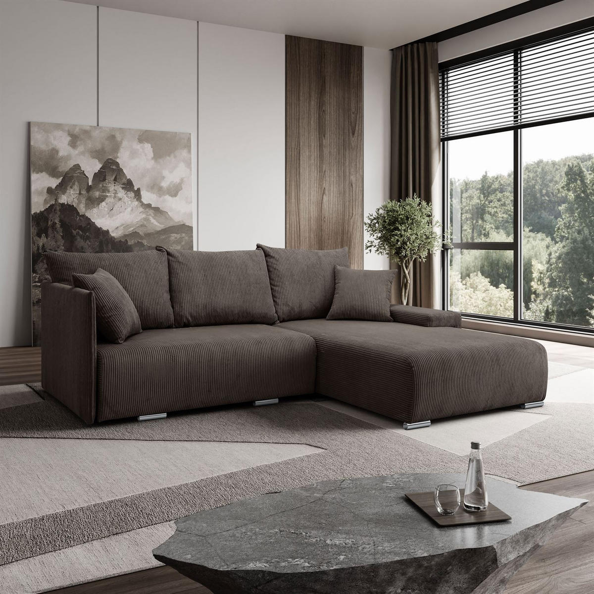 ECKSOFA LAVIO L mit Schlaffunktion und Bettzeugkasten Rechte - Graubraun, Textil (246/188cm) - Lookway