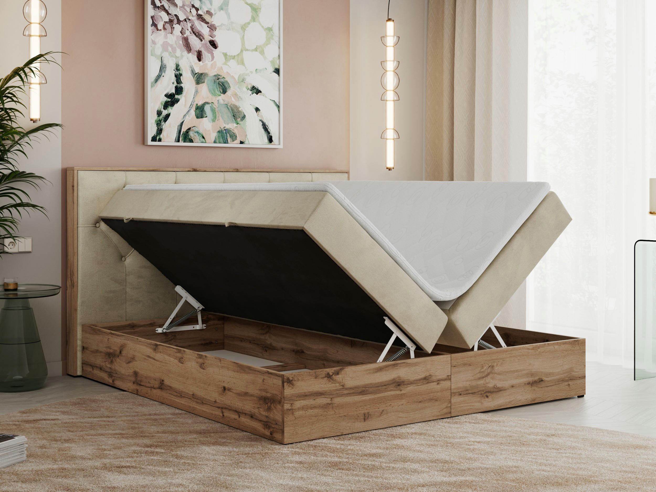 Thumbnail - MKS Boxbett, Beige, Textil, 2-Sitzer, H4, Rechteckig, 140x200 cm, Schlafzimmer, Betten, Boxspringbetten