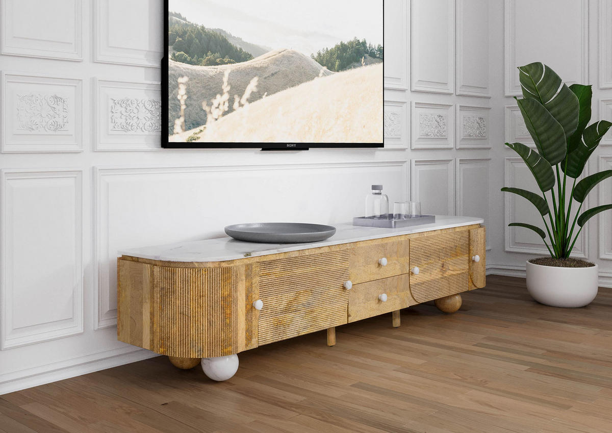 TV-BOARD Mango 220x40x50 natur lackiert / Marmor weiß FLORENZ #102 - Naturfarben, Holz (220/50/40cm) - Massivmoebel24