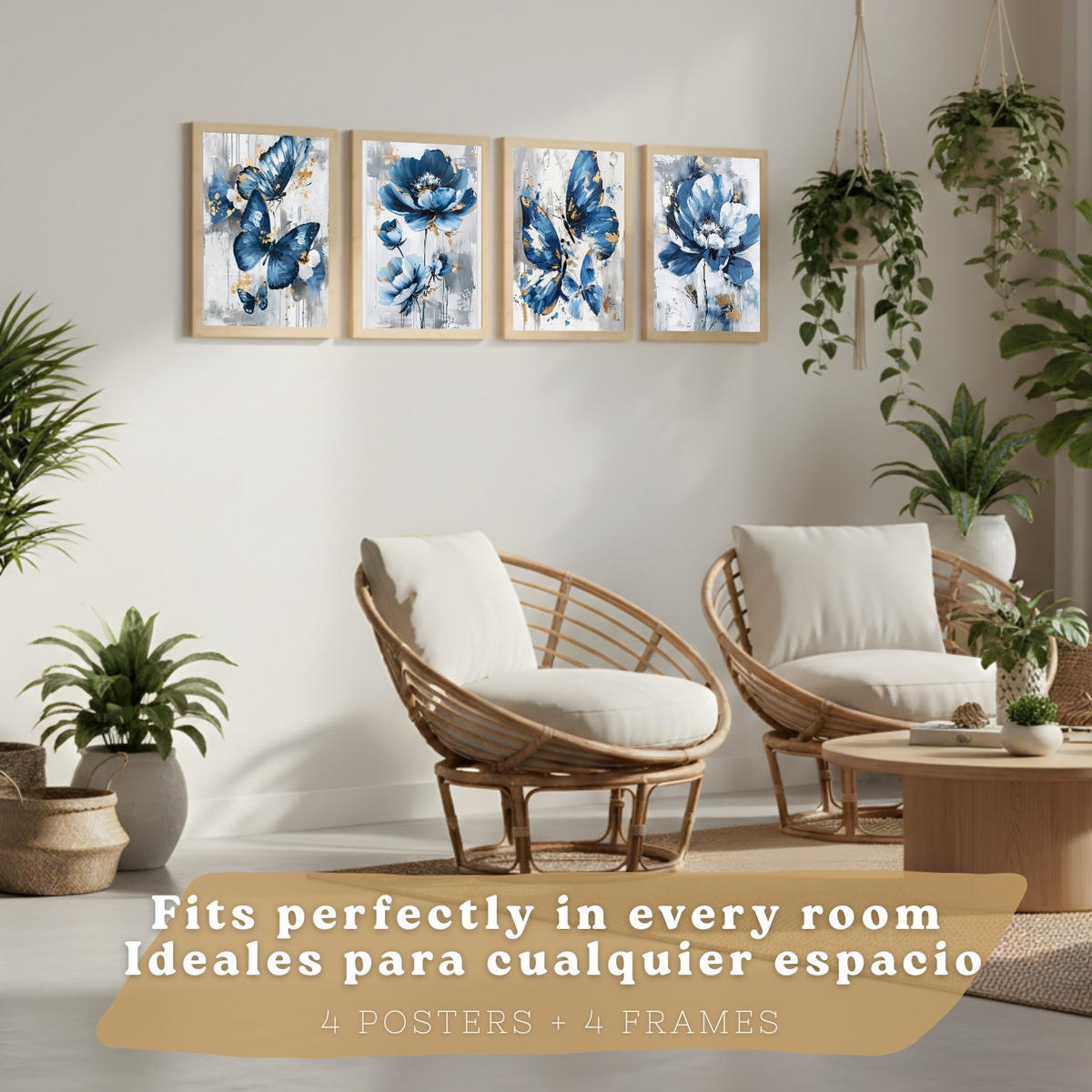 PLAKAT Sada 4 Modré jaro A4 Lehký dřevěný rám - béžová, papír (29.7/1/21cm) - Nacnic