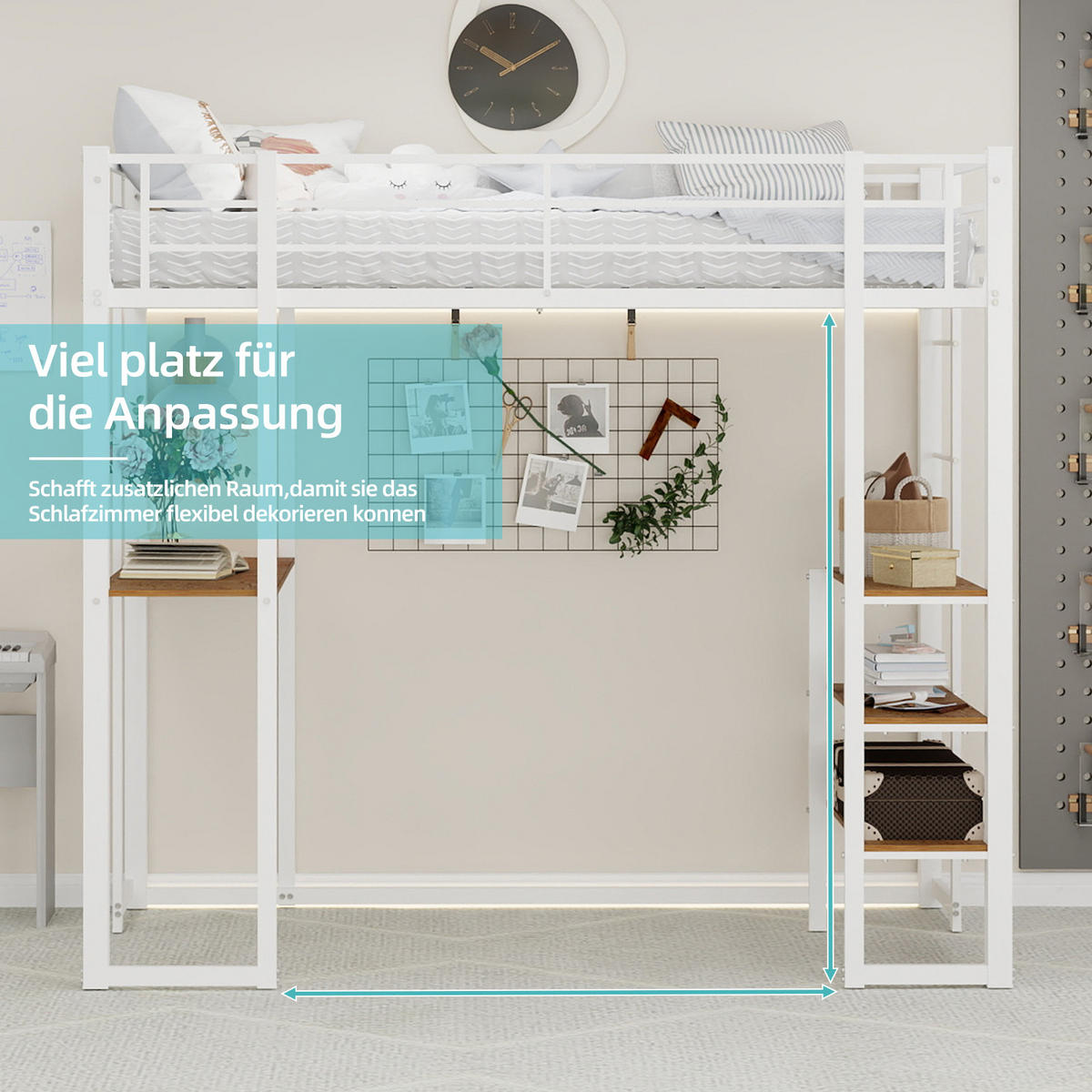 EISENBETT 90x190cm, Bett, Tisch, Geländer, Treppen, Stauraum, Kinder, Jugend - Weiß, Metall (100/200cm)