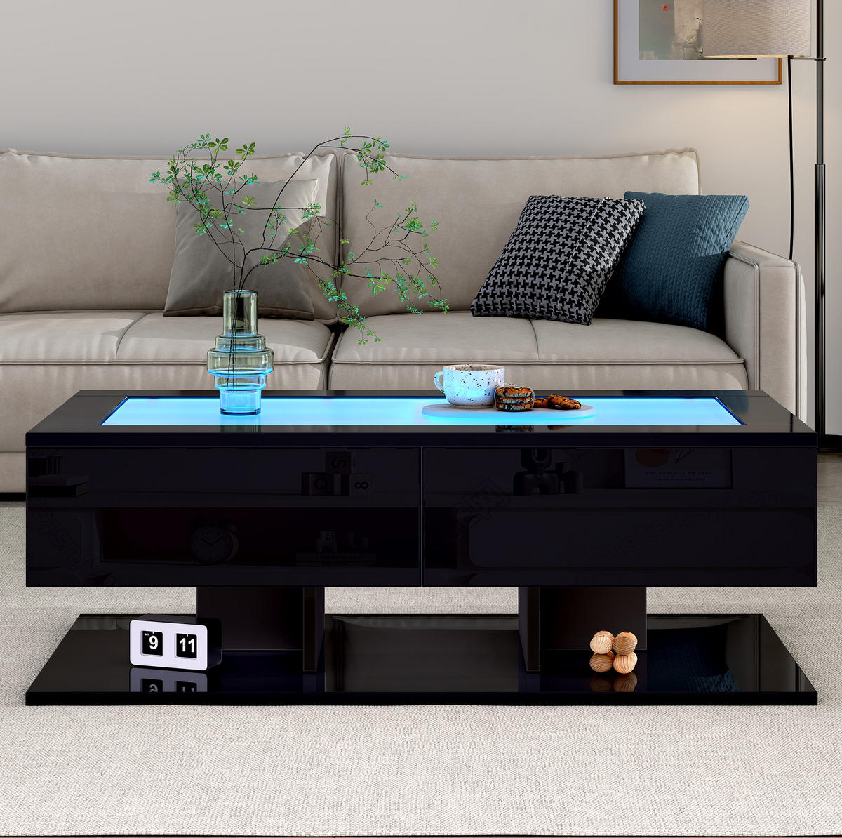 COUCHTISCH aus Spanplatte 100x50x35 cm in Schwarz mit 2 Schubladen & LED - Schwarz, Holzwerkstoff (100/50/35cm) - Modfu