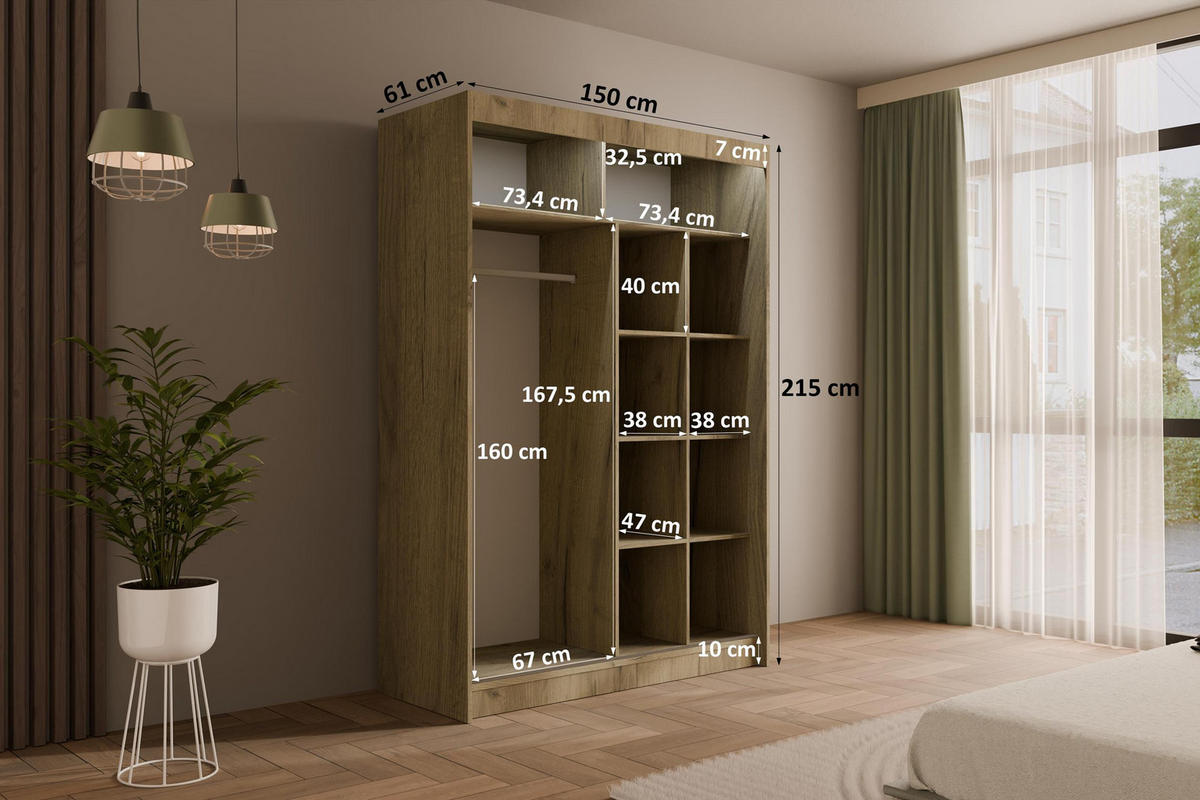 KLEIDERSCHRANK PEKA III mit LED - 150 cm - Braun|Weiß - Braun/Weiß, Holzwerkstoff (150/215/61cm) - ALTDECOR