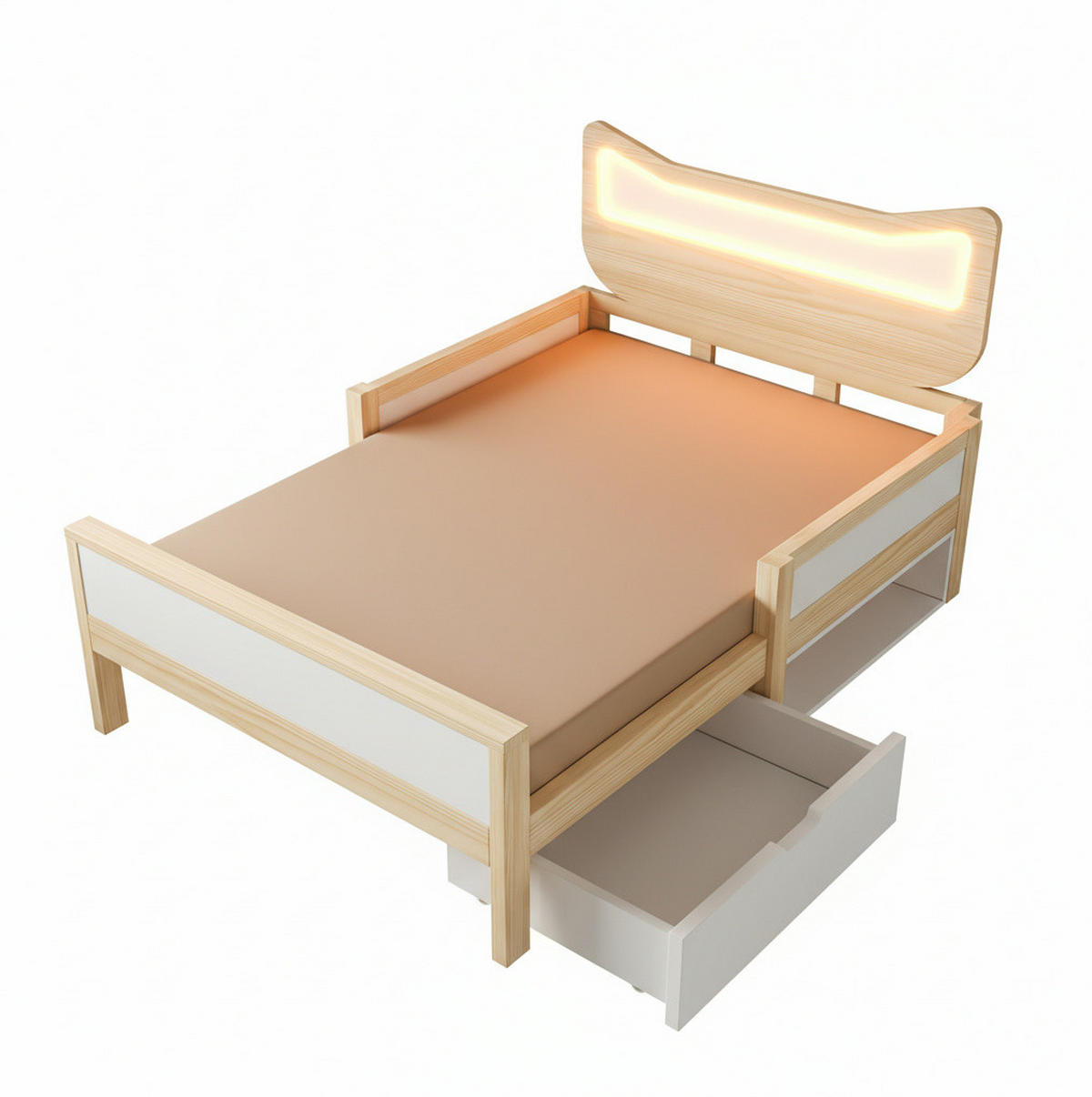 KINDERBETT 90/200 cm aus Holz mit LED-Katzenkopfteil und Stauraum Weiß und Eiche - Eichefarben, Holz (90/200cm) - Modenvie