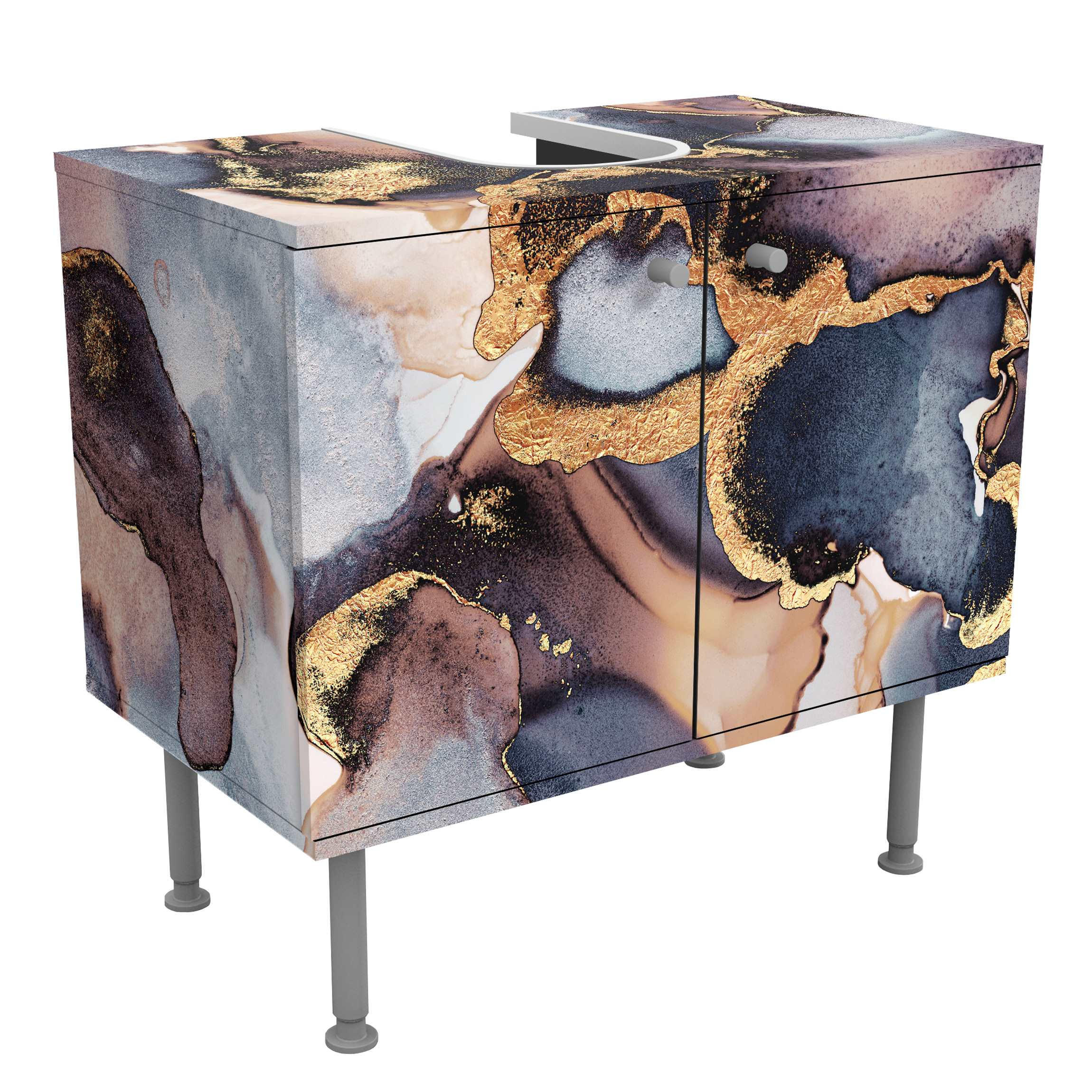 WASCHBECKENUNTERSCHRANK Marmor Aquarell mit Gold 60/55/35 cm - Goldfarben, Holzwerkstoff (60/55/35cm) - Bilderwelten