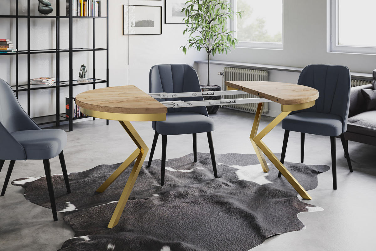 ESSZIMMERTISCH BERGO, ausziehbarer Tisch 90 cm/170 cm, Farbe: Braun, mit Metallbeinen in Farbe Gold - Goldfarben/Braun, Holzwerkstoff (90/90/76cm) - Alpi-Möbel