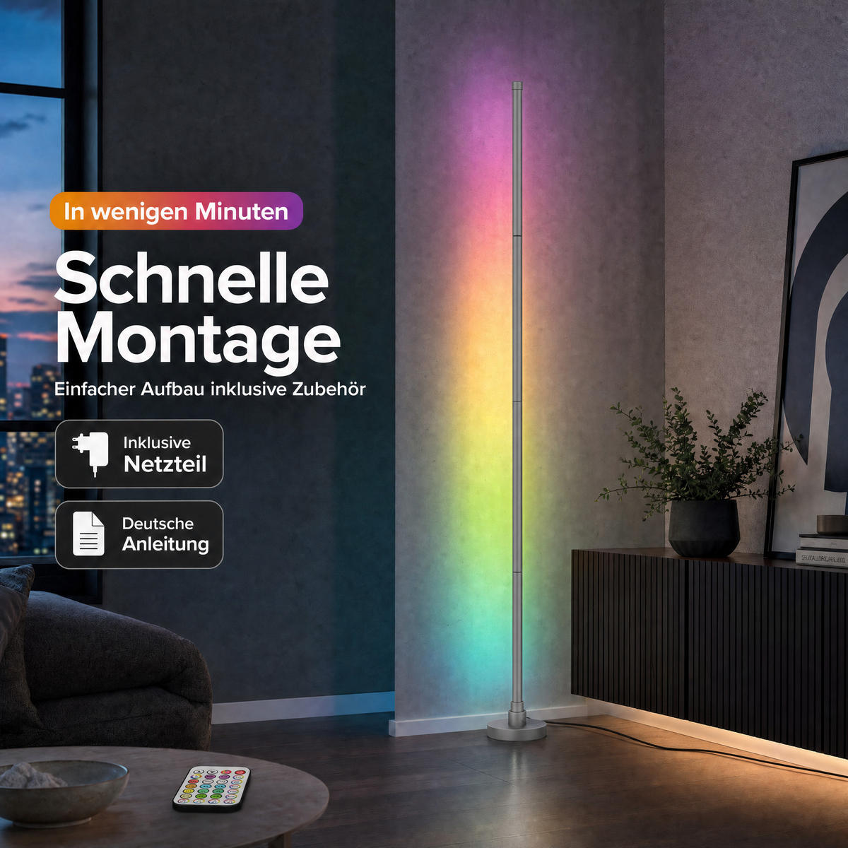 LED-ECKLAMPE - mit Fernbedienung und Soundsensor für RGB- und warmweiße Beleuchtung in Grau - Grau, Kunststoff (15.5/15.5/147.5cm) - Northpoint