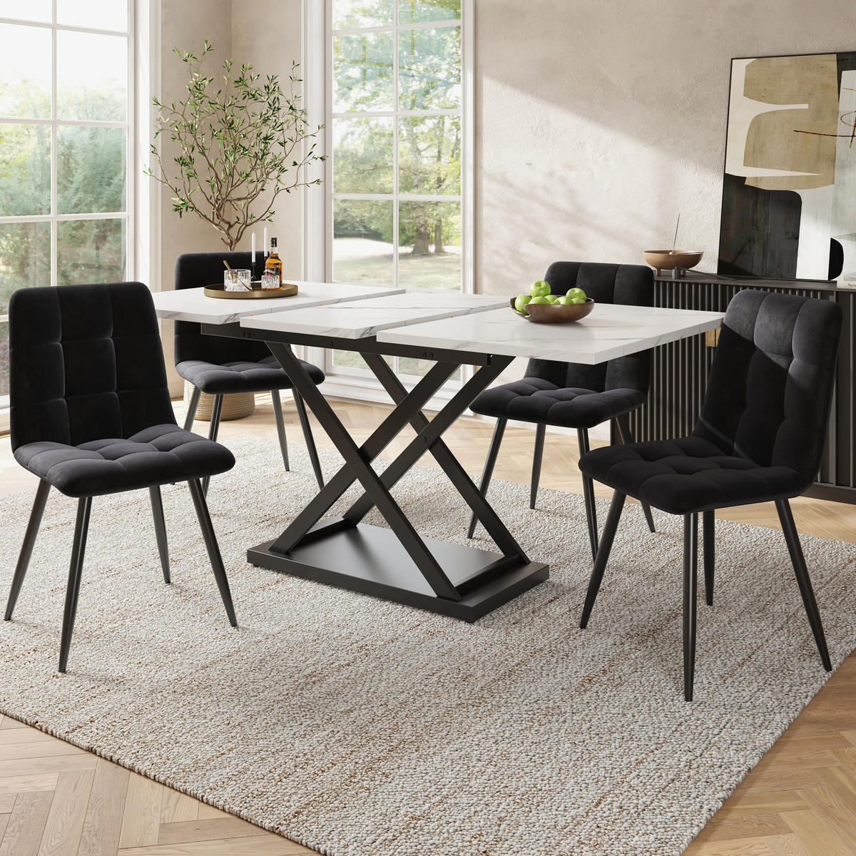ESSGRUPPE DE-39182 ausziehbarer 160/80 cm Tisch mit 4 Stühlen Weiß/Schwarz - Weiß, Holzwerkstoff (160/75/80cm) - ComfortXL