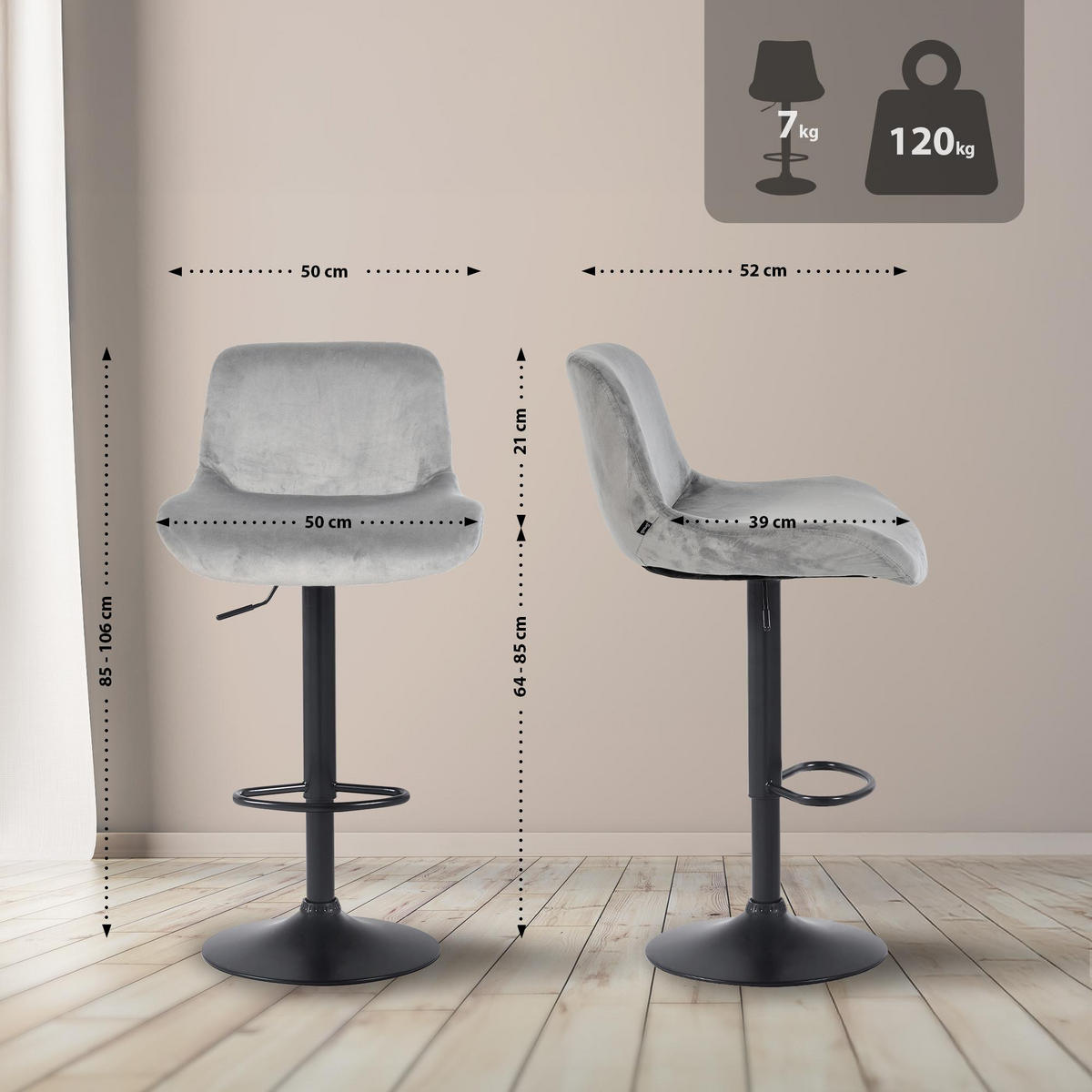BARHOCKER Samt grau - Schwarz/Grau, Textil/Metall (50/85/50cm) - CLP