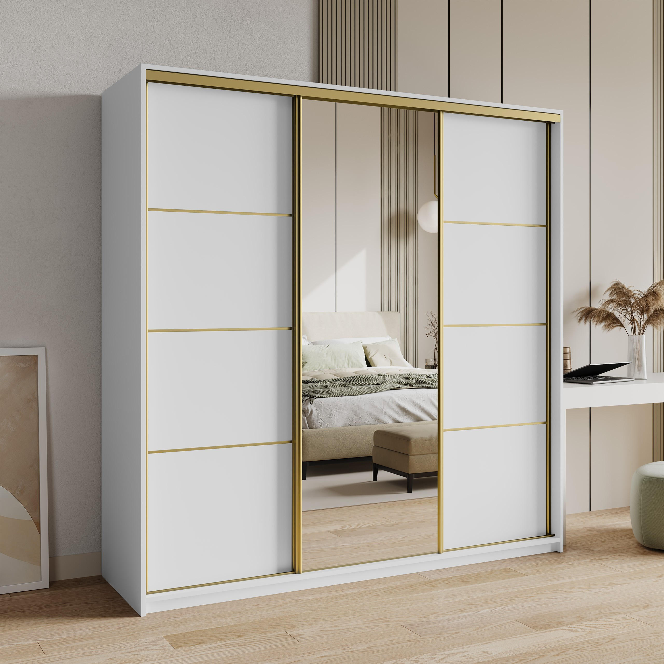 SCHWEBETÜRENSCHRANK VARO 180/205/60 cm 3-türig mit Spiegel und Schubladen Weiß - Goldfarben/Weiß, Holzwerkstoff (180/205/60cm) - MASSENO