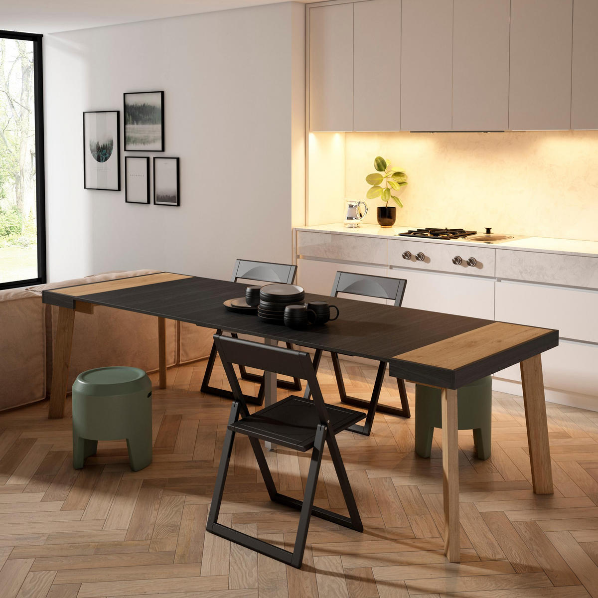 KONSOLENTISCH ausziehbar 58 bis 262cm, für 12 Gäste, eiche, schwarz, 90/58/73cm - Eichefarben/Multicolor, Holzwerkstoff (90/262/73cm) - Skraut Home